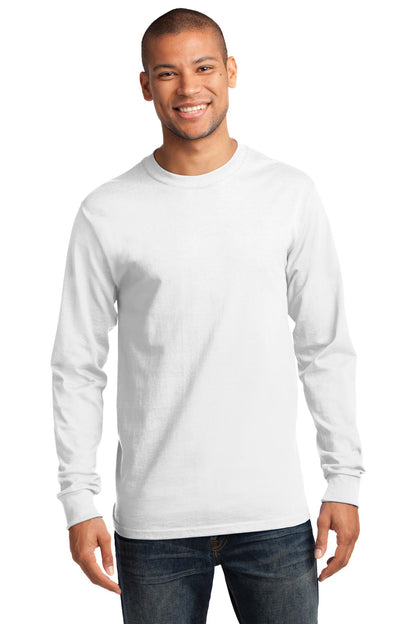 Front View of White Port & Co Long Sleeve Essential Tee. PC61LS plain