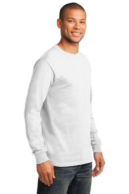 Front View of White Port & Co Long Sleeve Essential Tee. PC61LS plain