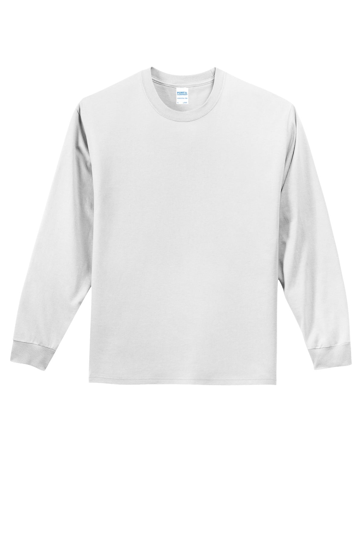 Front View of White Port & Co Long Sleeve Essential Tee. PC61LS plain