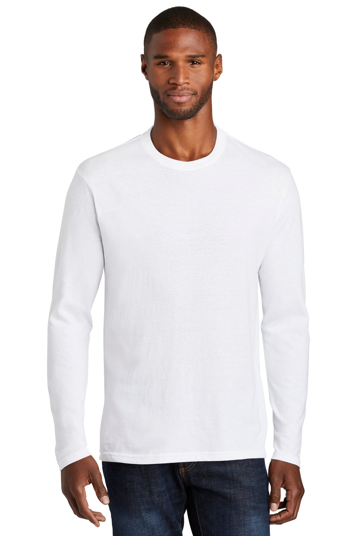Front View of White Port & Co Long Sleeve Fan Favorite Blend Tee. PC455LS plain