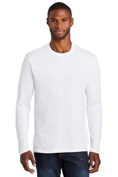 Front View of White Port & Co Long Sleeve Fan Favorite Blend Tee. PC455LS plain