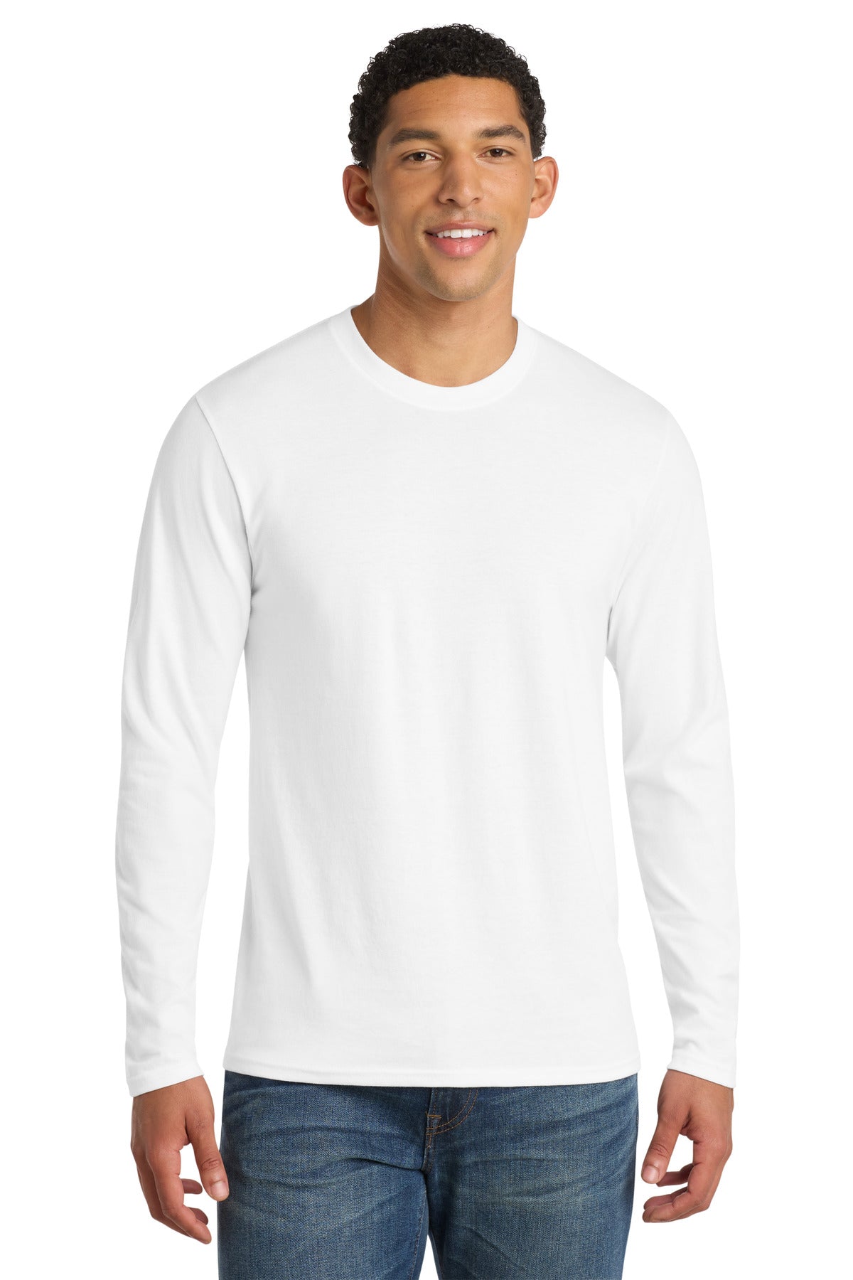 Front View of White Port & Co Long Sleeve Fan Favorite Blend Tee. PC455LS plain