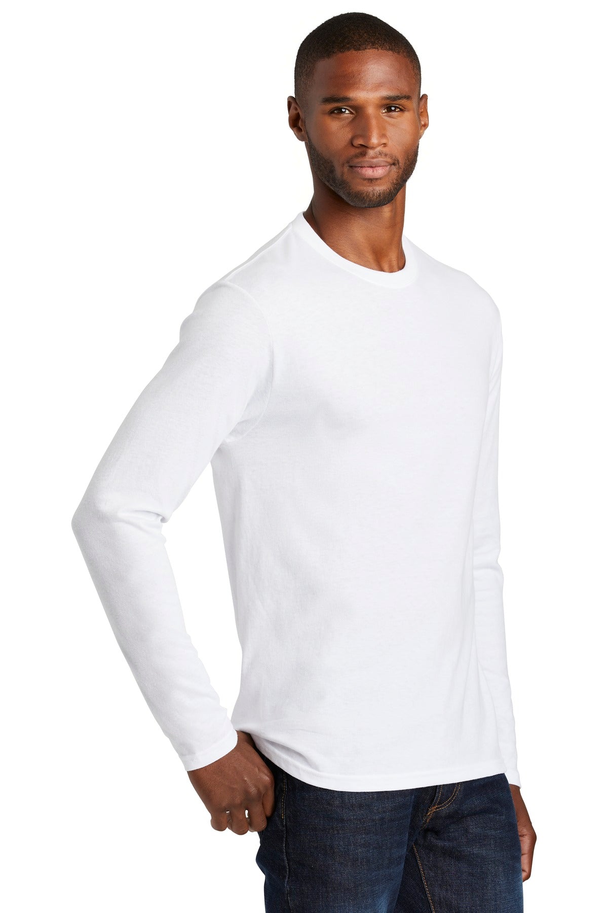Front View of White Port & Co Long Sleeve Fan Favorite Blend Tee. PC455LS plain