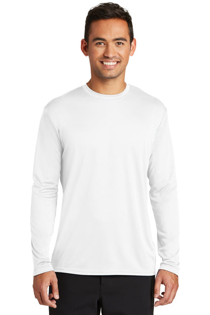 Front View of White Port & Co Long Sleeve Performance Tee. PC380LS plain