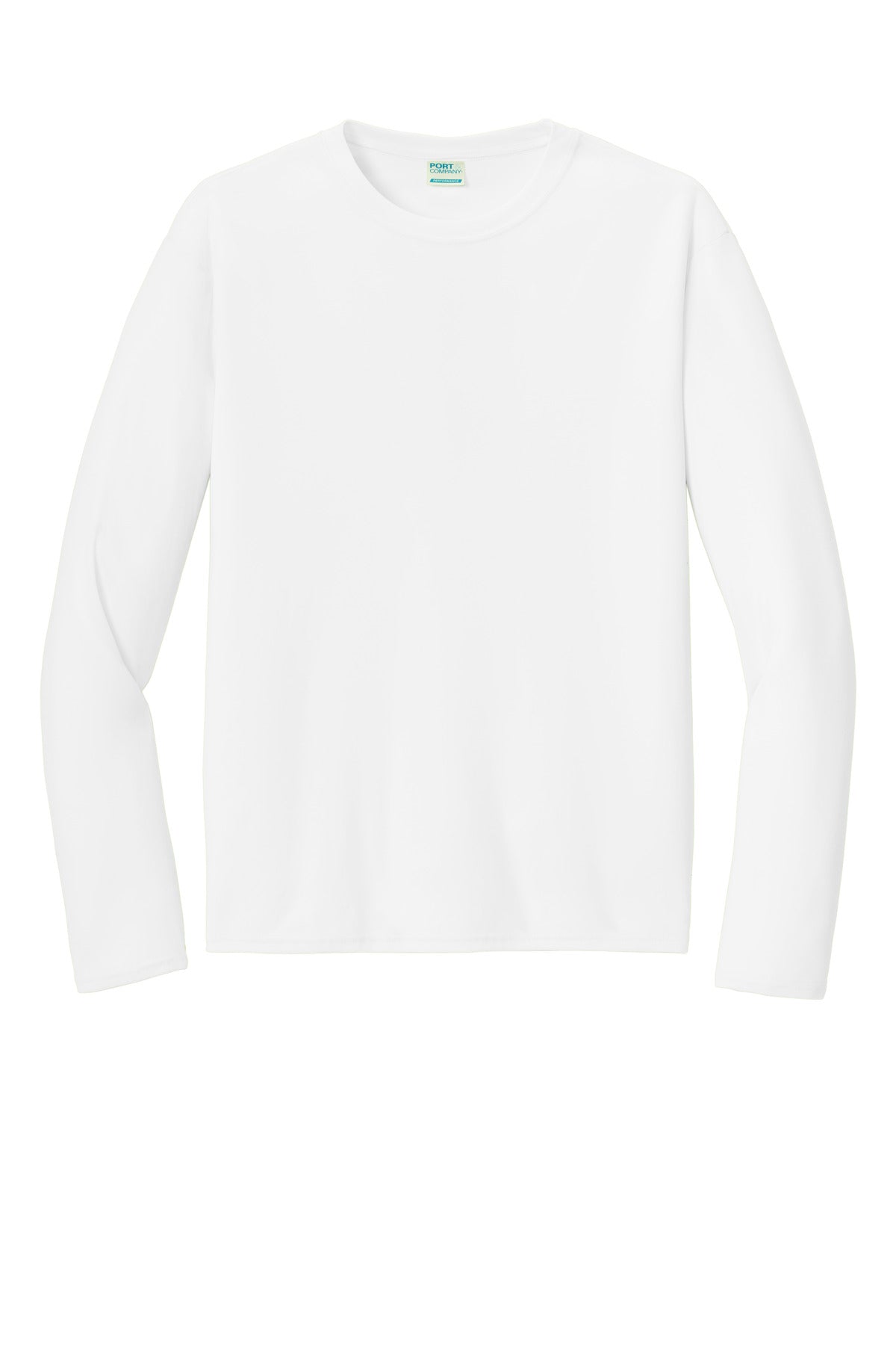 Front View of White Port & Co Long Sleeve Performance Tee. PC380LS plain