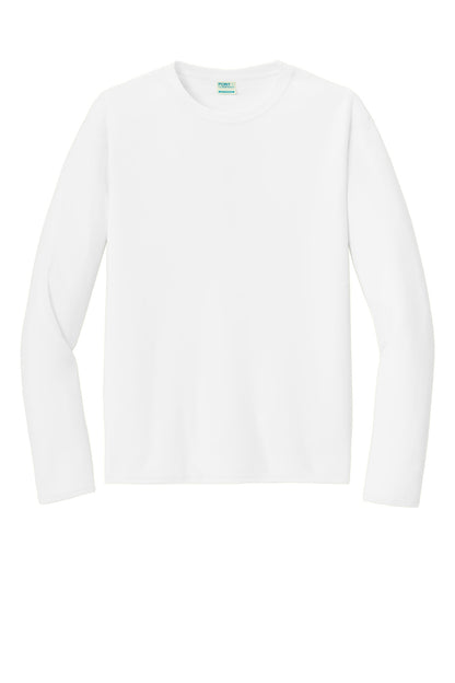 Front View of White Port & Co Long Sleeve Performance Tee. PC380LS plain
