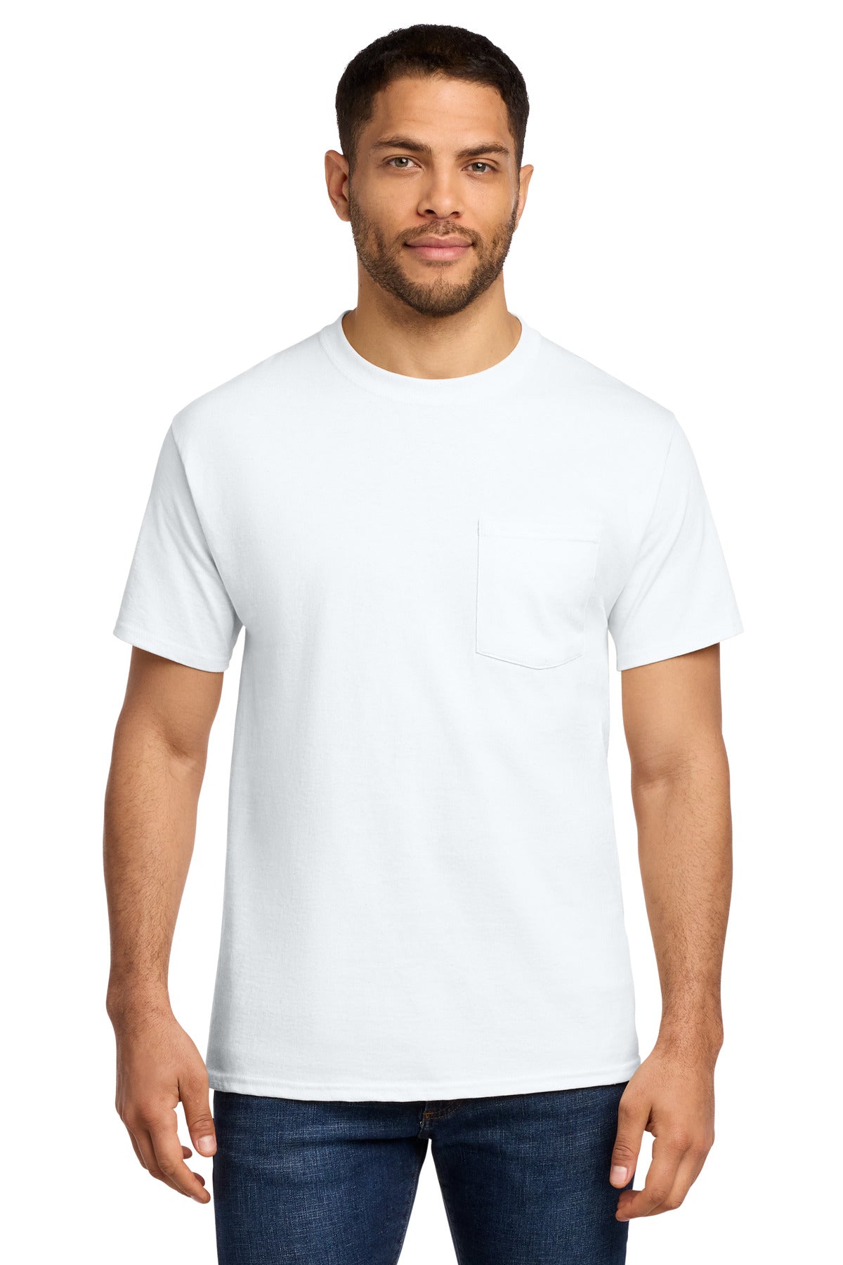 Front View of White Port & Co Tall Essential Pocket Tee. PC61PT plain