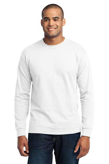 Front View of White Port & Co Tall Long Sleeve Core Blend Tee. PC55LST plain