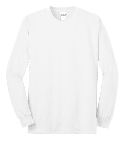Front View of White Port & Co Tall Long Sleeve Core Blend Tee. PC55LST plain
