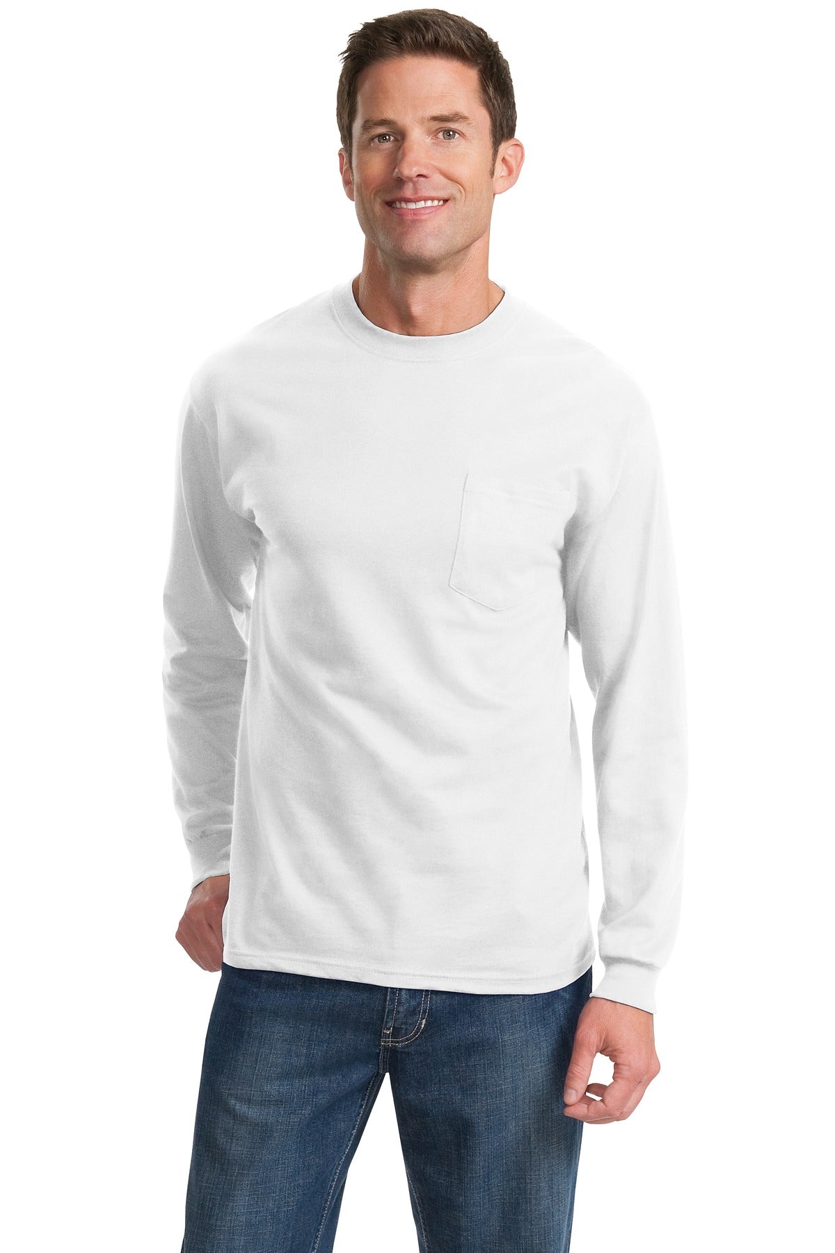 Front View of White Port & Co Tall Long Sleeve Essential Pocket Tee. PC61LSPT plain