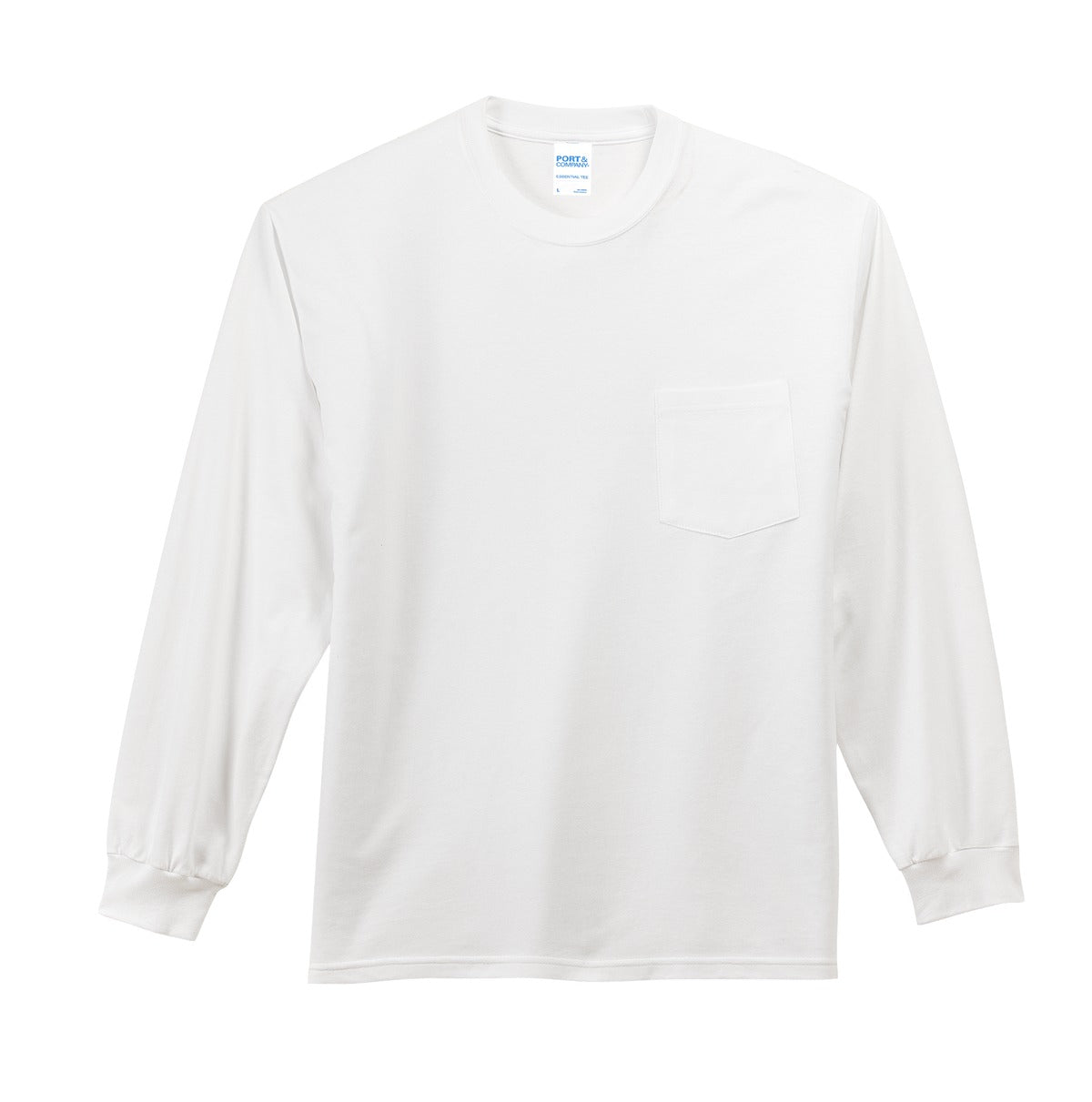 Front View of White Port & Co Tall Long Sleeve Essential Pocket Tee. PC61LSPT plain