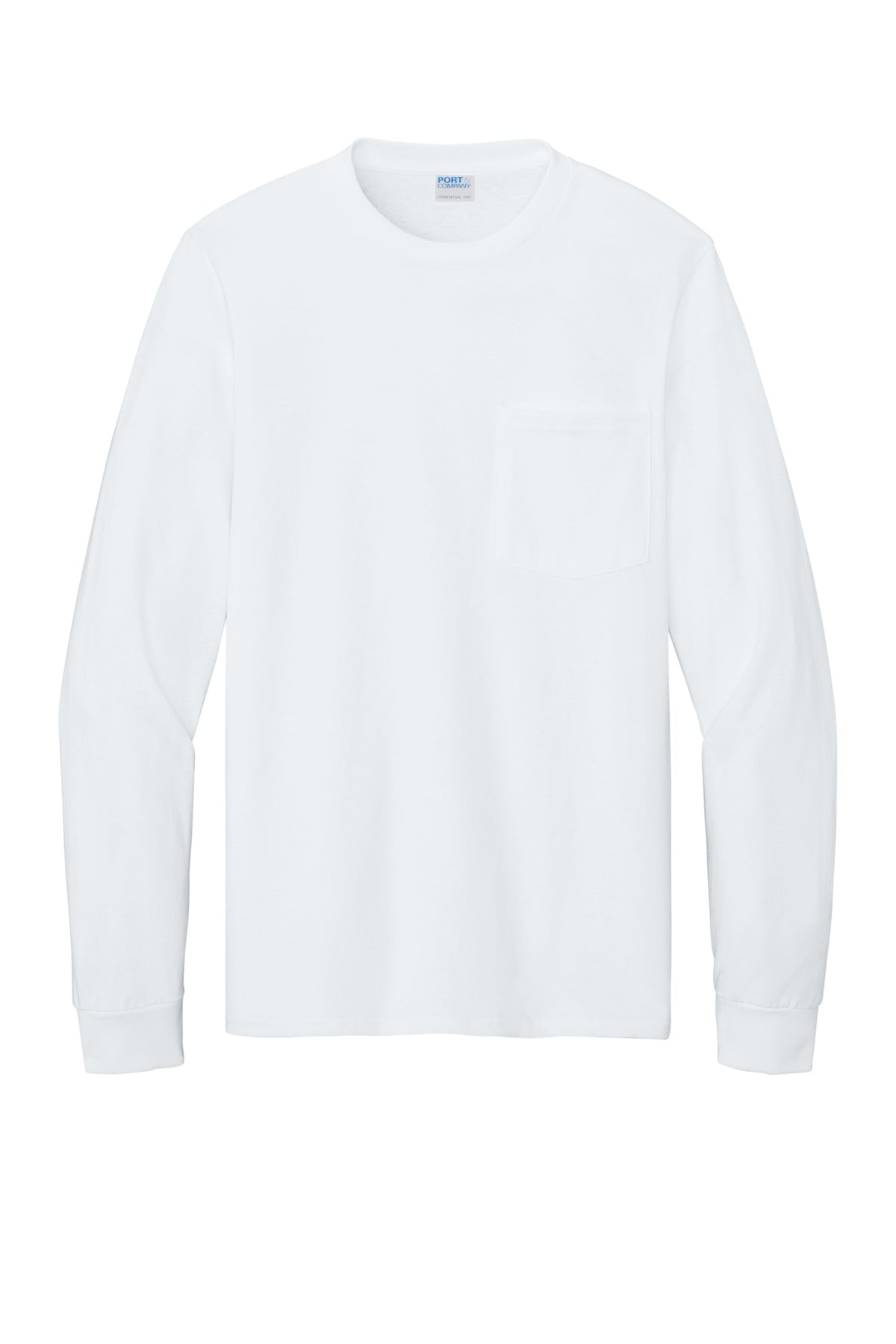 Front View of White Port & Co Tall Long Sleeve Essential Pocket Tee. PC61LSPT