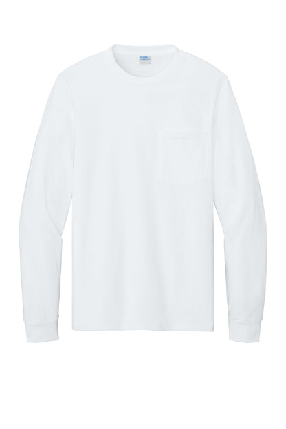 Front View of White Port & Co Tall Long Sleeve Essential Pocket Tee. PC61LSPT