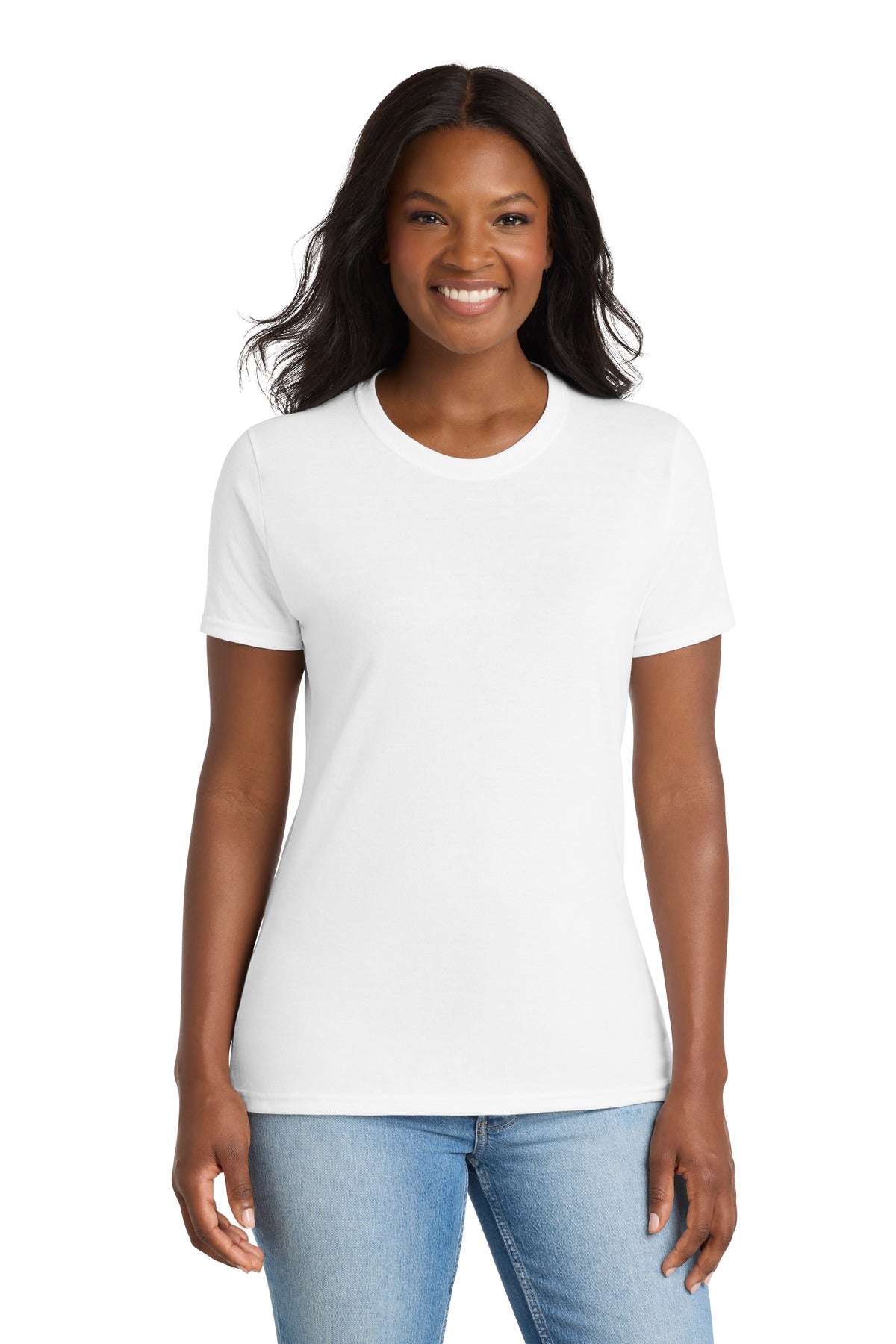 Front View of White Port & Co Women's Core Blend Tee. LPC55 plain