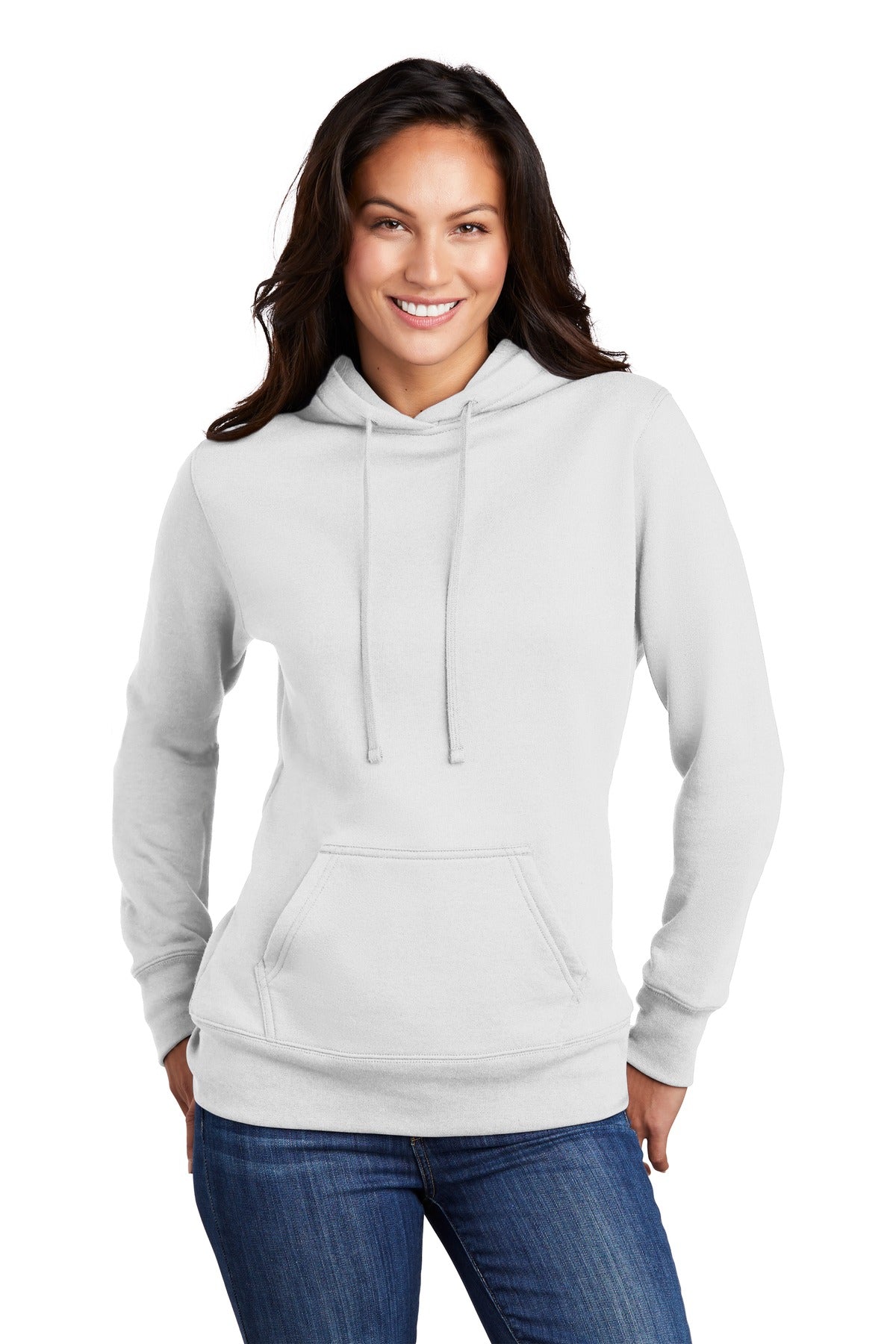 Front View of White Port & Co Women's Core Fleece Pullover Hooded Sweatshirt LPC78H plain