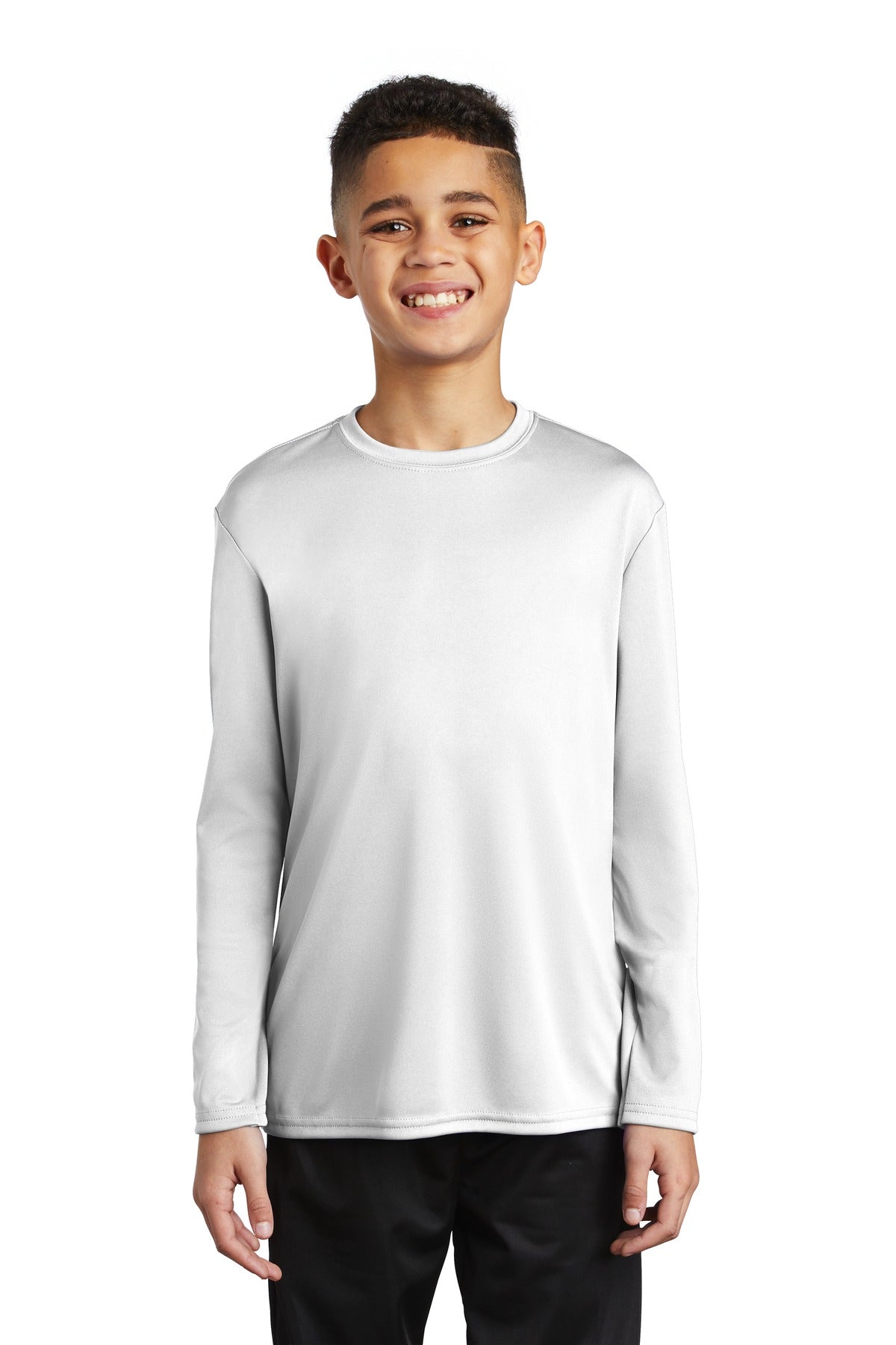 Front View of White Port & Co Youth Long Sleeve Performance Tee PC380YLS plain