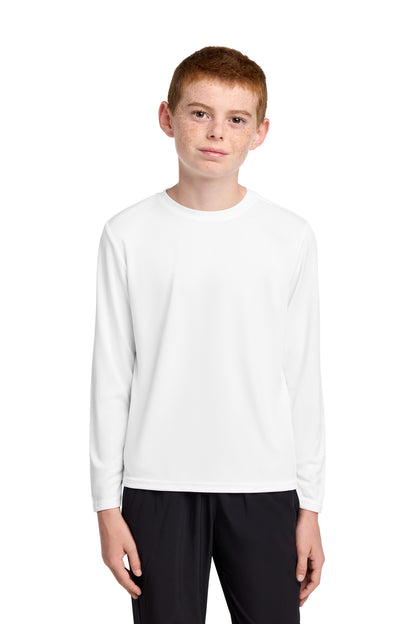 Front View of White Port & Co Youth Long Sleeve Performance Tee PC380YLS plain