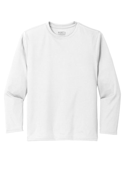 Front View of White Port & Co Youth Long Sleeve Performance Tee PC380YLS plain