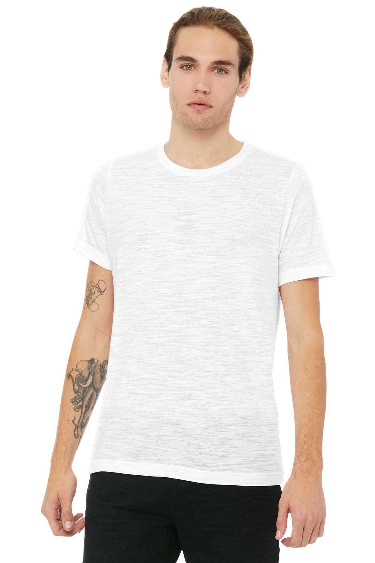Front View of White Slub BELLA+CANVAS Unisex Poly-Cotton Short Sleeve Tee. BC3650 plain