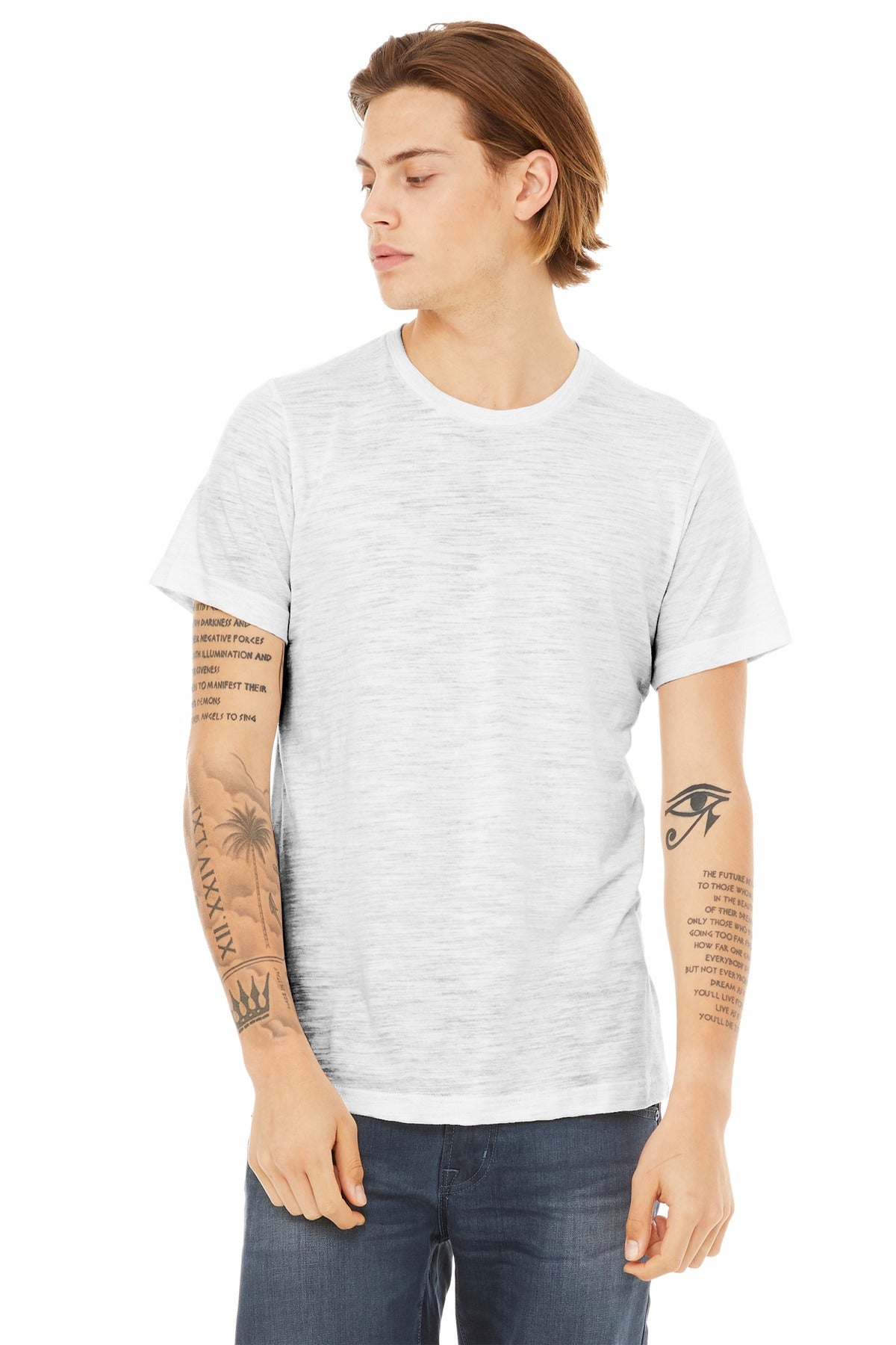 Front View of White Slub BELLA+CANVAS Unisex Poly-Cotton Short Sleeve Tee. BC3650 plain