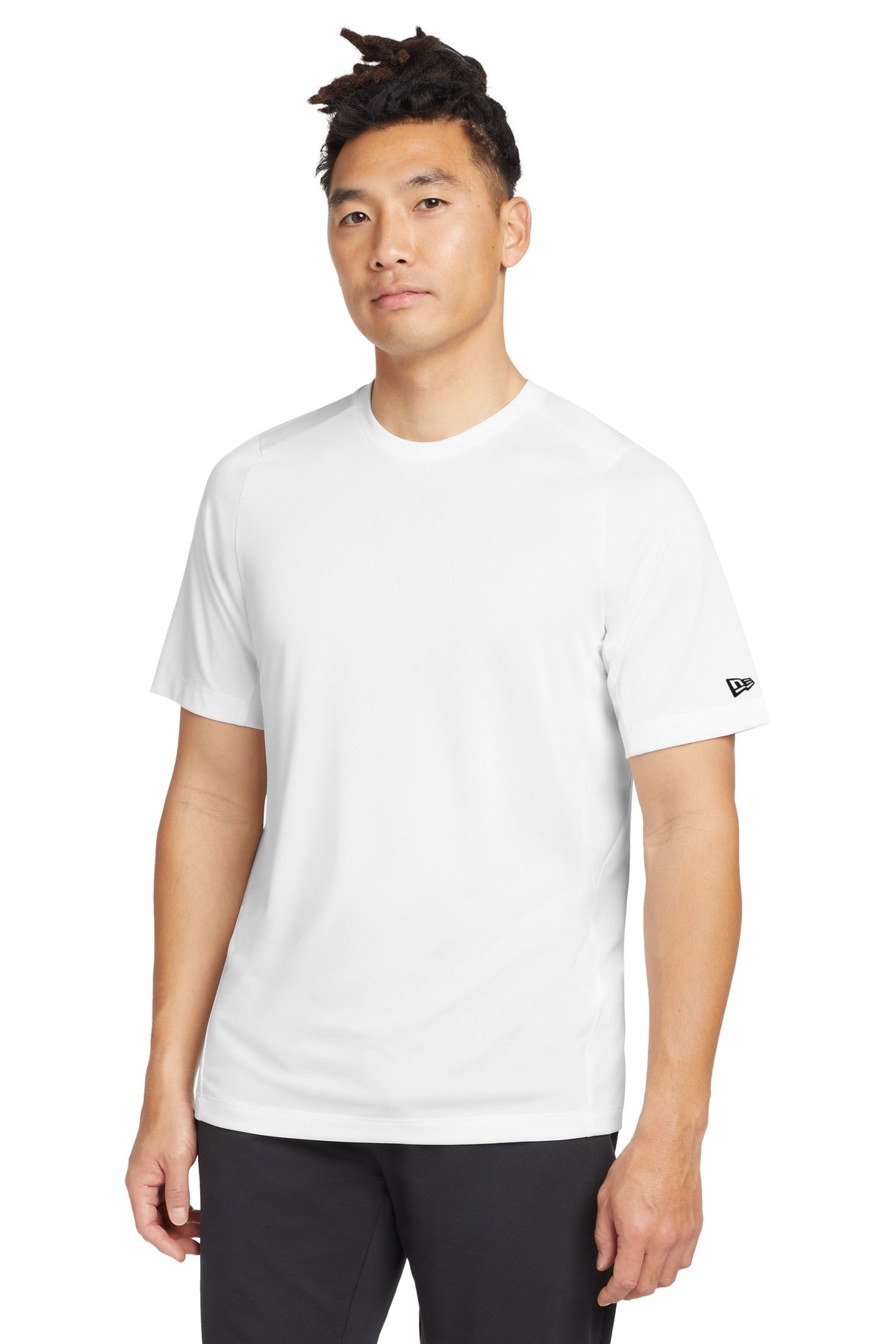 Front View of White Solid New Era Series Performance Crew Tee. NEA200 plain