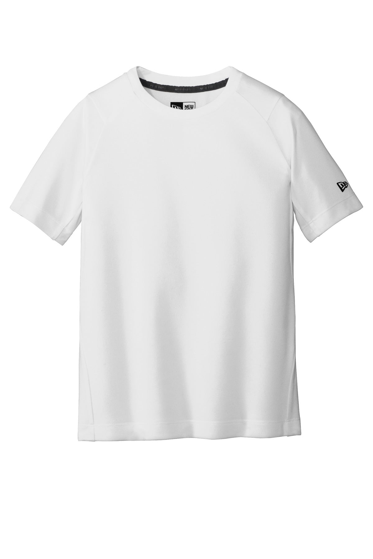 Front View of White Solid New Era Youth Series Performance Crew Tee. YNEA200 plain