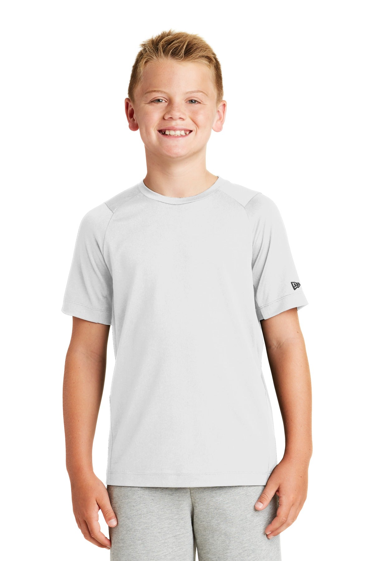 Front View of White Solid New Era Youth Series Performance Crew Tee. YNEA200 plain