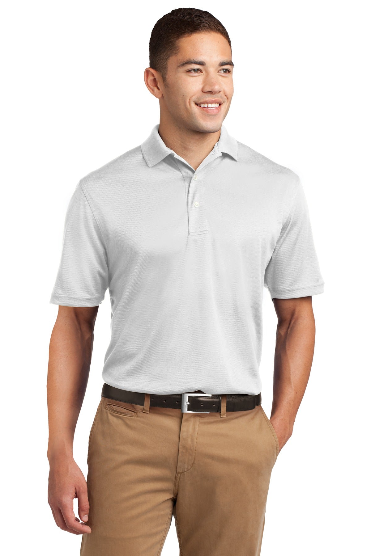 Front View of White Sport-Tek Dri-Mesh Polo. K469 plain