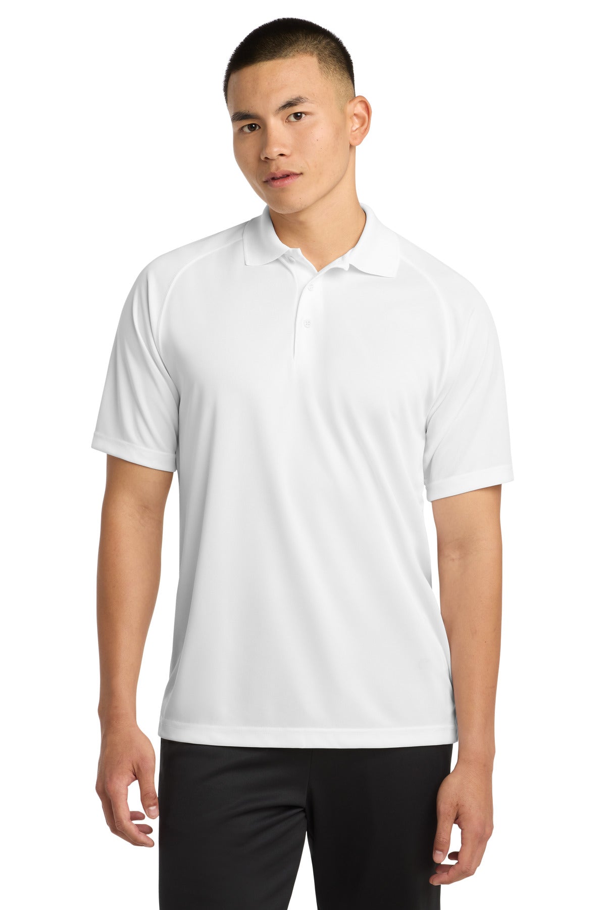 Front View of White Sport-Tek Dry Zone Raglan Polo. T475 plain