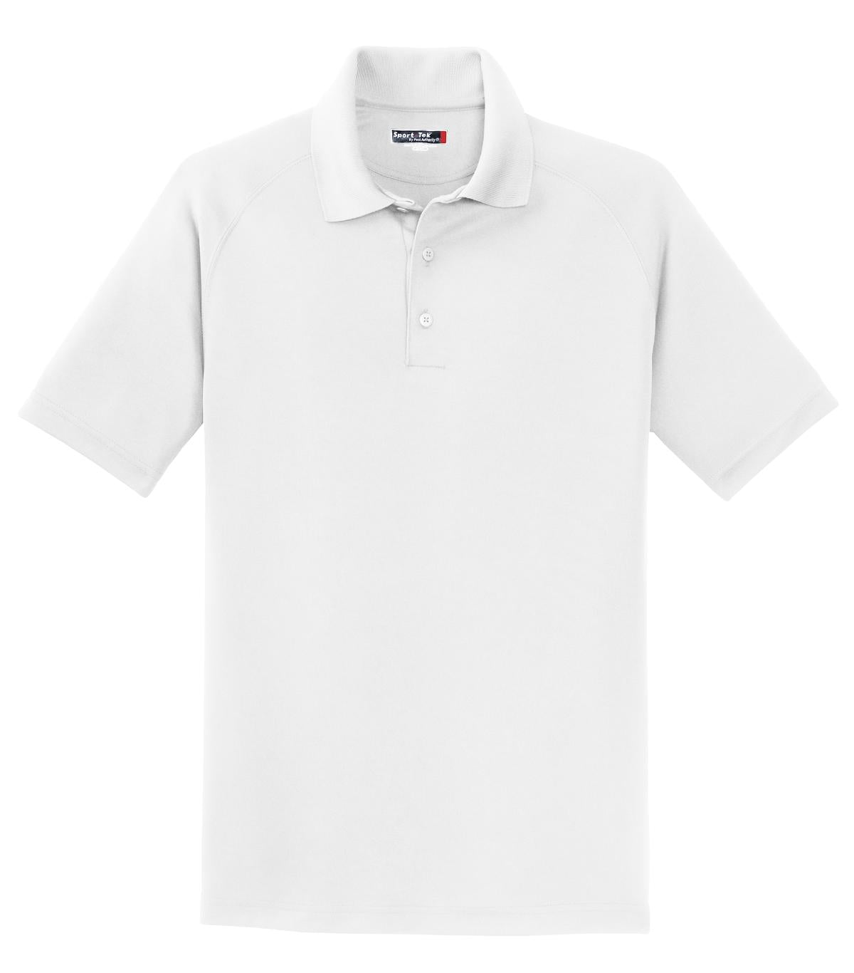 Front View of White Sport-Tek Dry Zone Raglan Polo. T475 plain