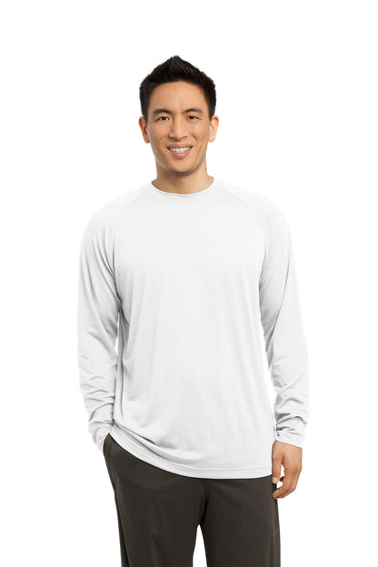 Front View of White Sport-Tek Long Sleeve Ultimate Performance Crew. ST700LS plain