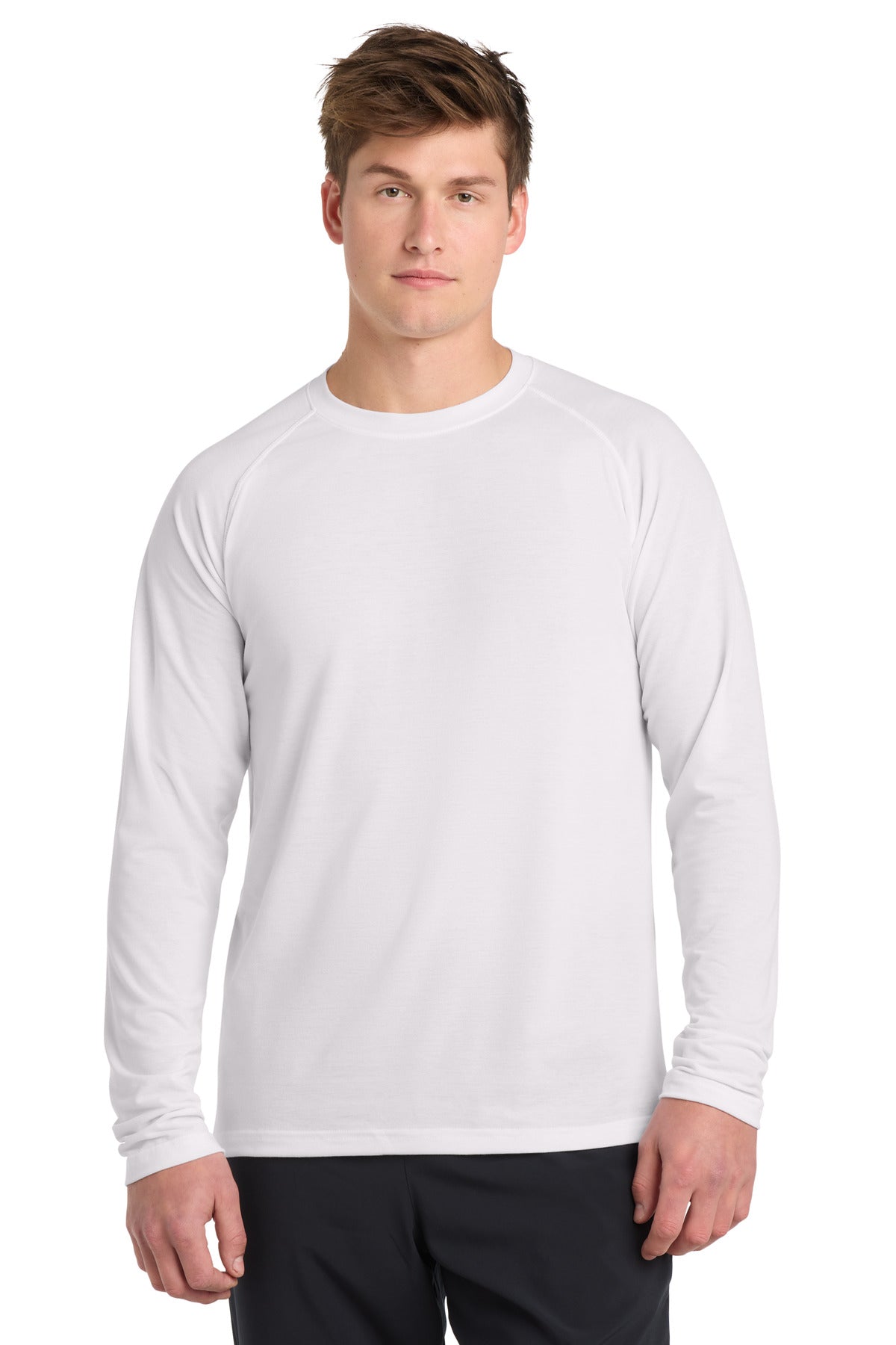 Front View of White Sport-Tek Long Sleeve Ultimate Performance Crew. ST700LS plain