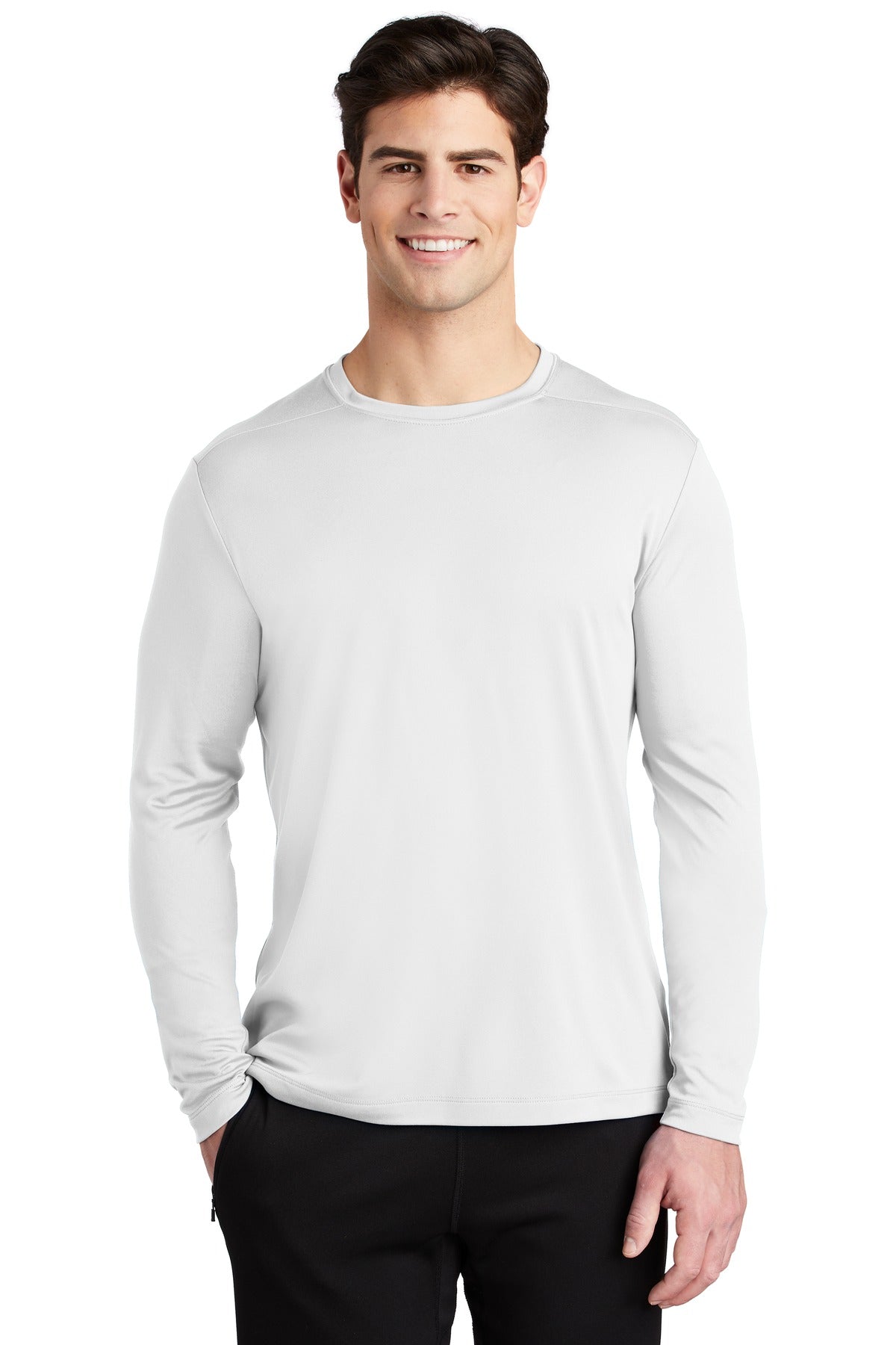 Front View of White Sport-Tek Posi-UV Pro Long Sleeve Tee. ST420LS plain