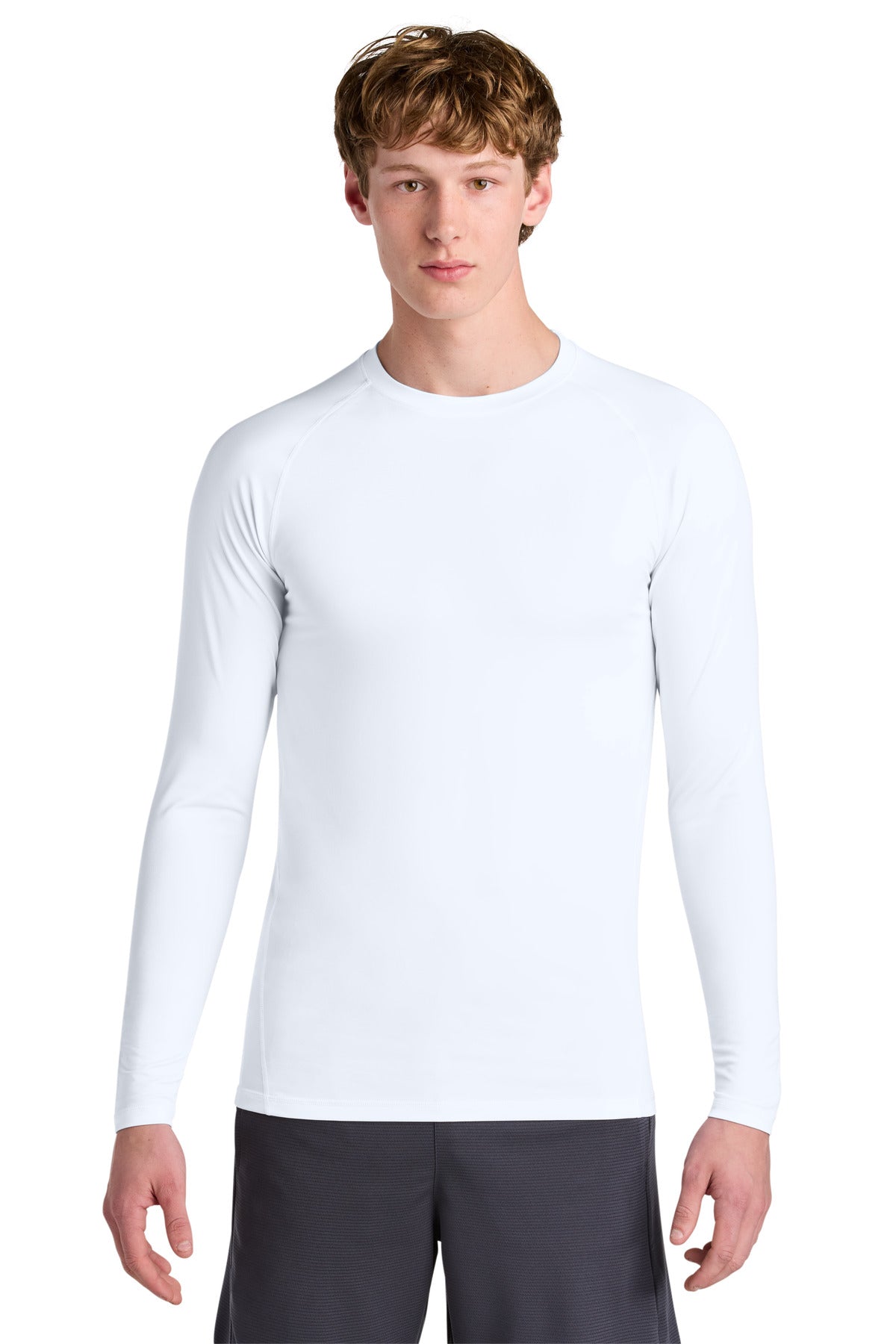 Front View of White Sport-Tek PosiCharge Compression Long Sleeve Tee ST120LS plain