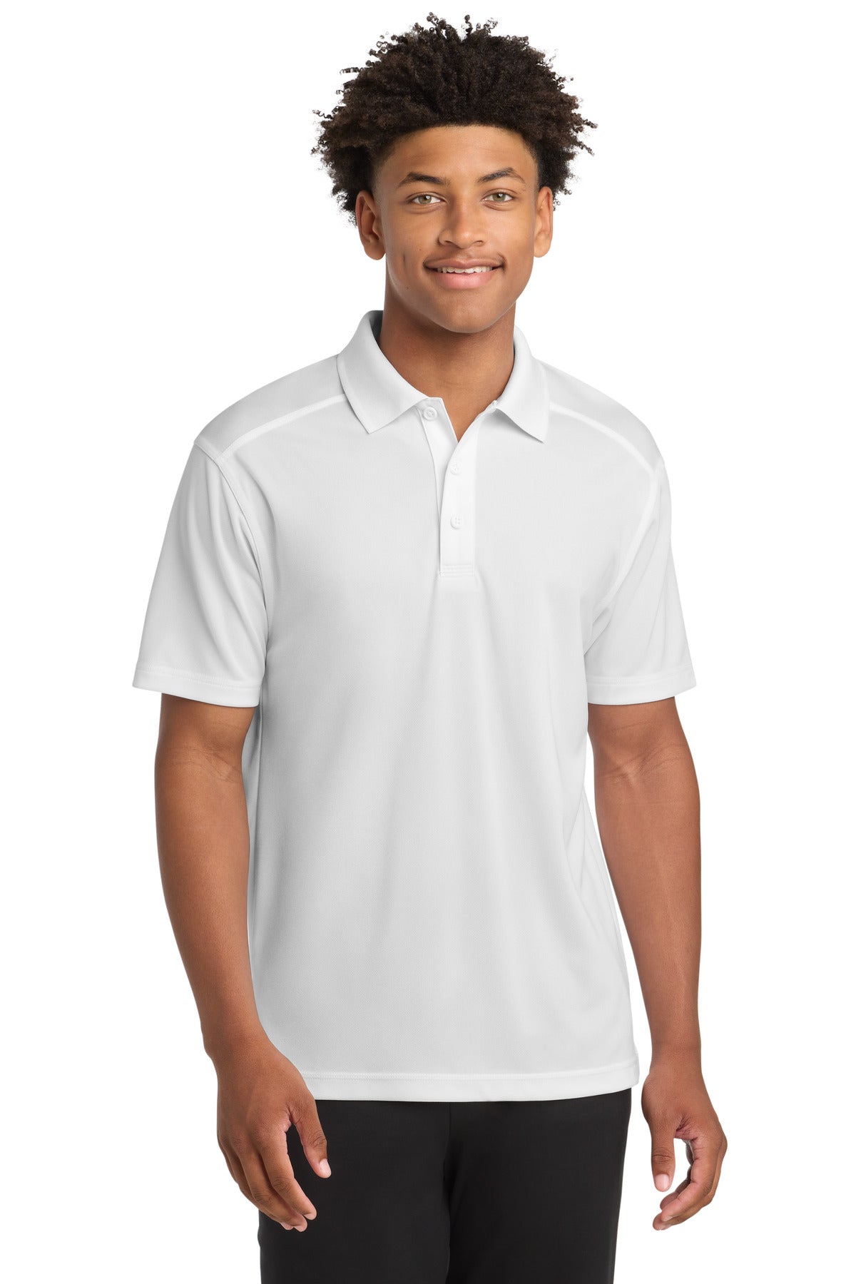Front View of White Sport-Tek PosiCharge Micro-Mesh Polo. ST680 plain