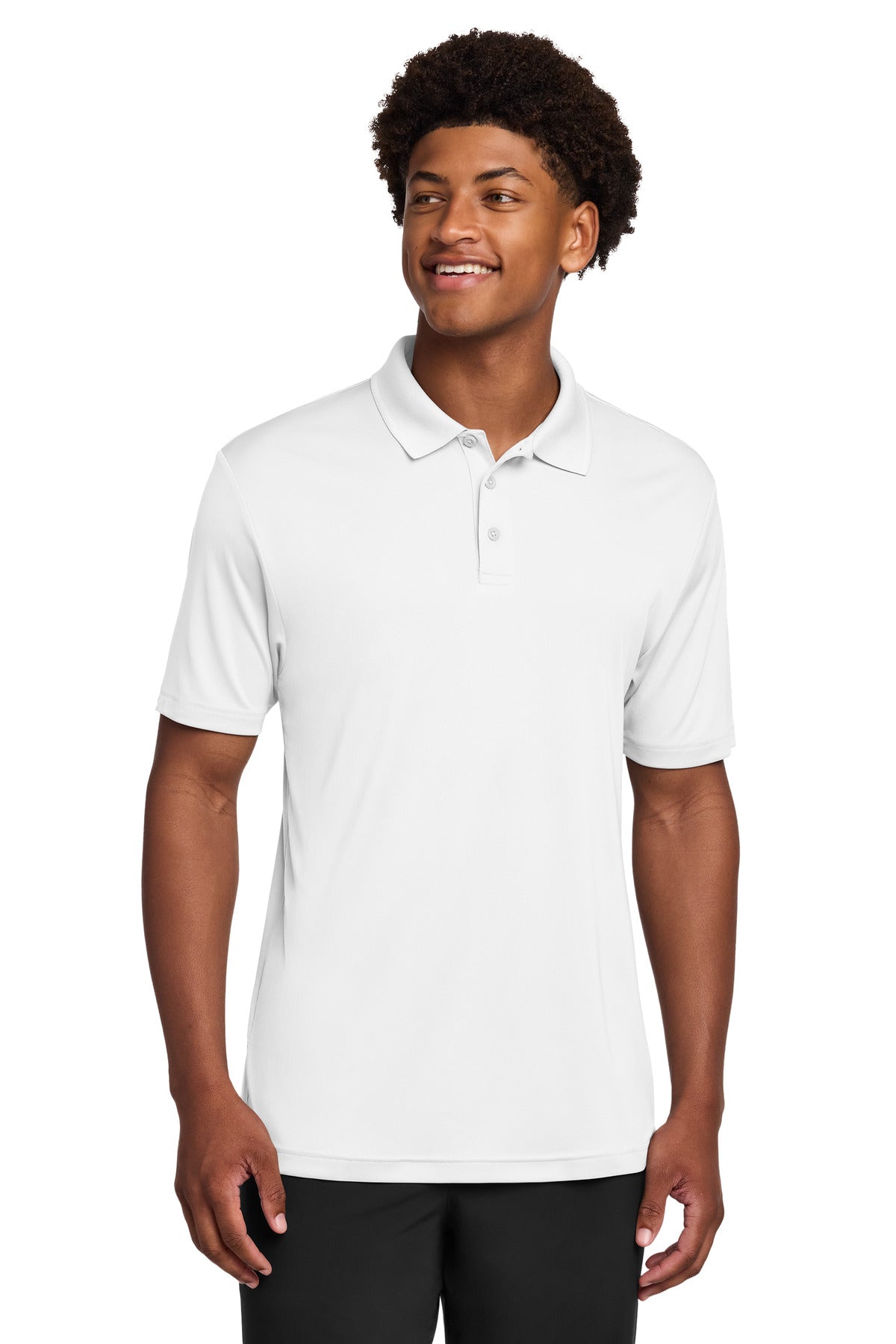 Front View of White Sport-Tek PosiCharge Re-Compete Polo ST725 plain