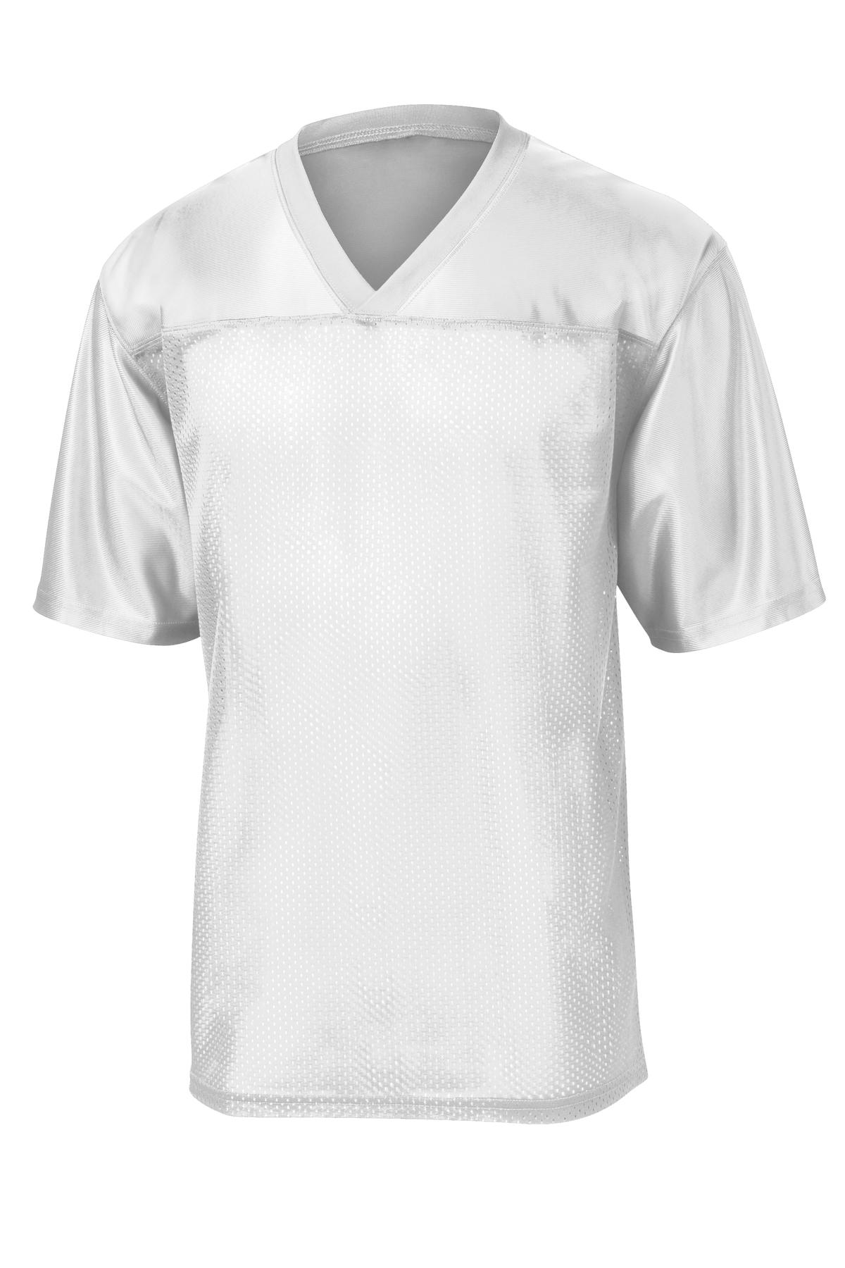 Front View of White Sport-Tek PosiCharge Replica Jersey. ST307 plain