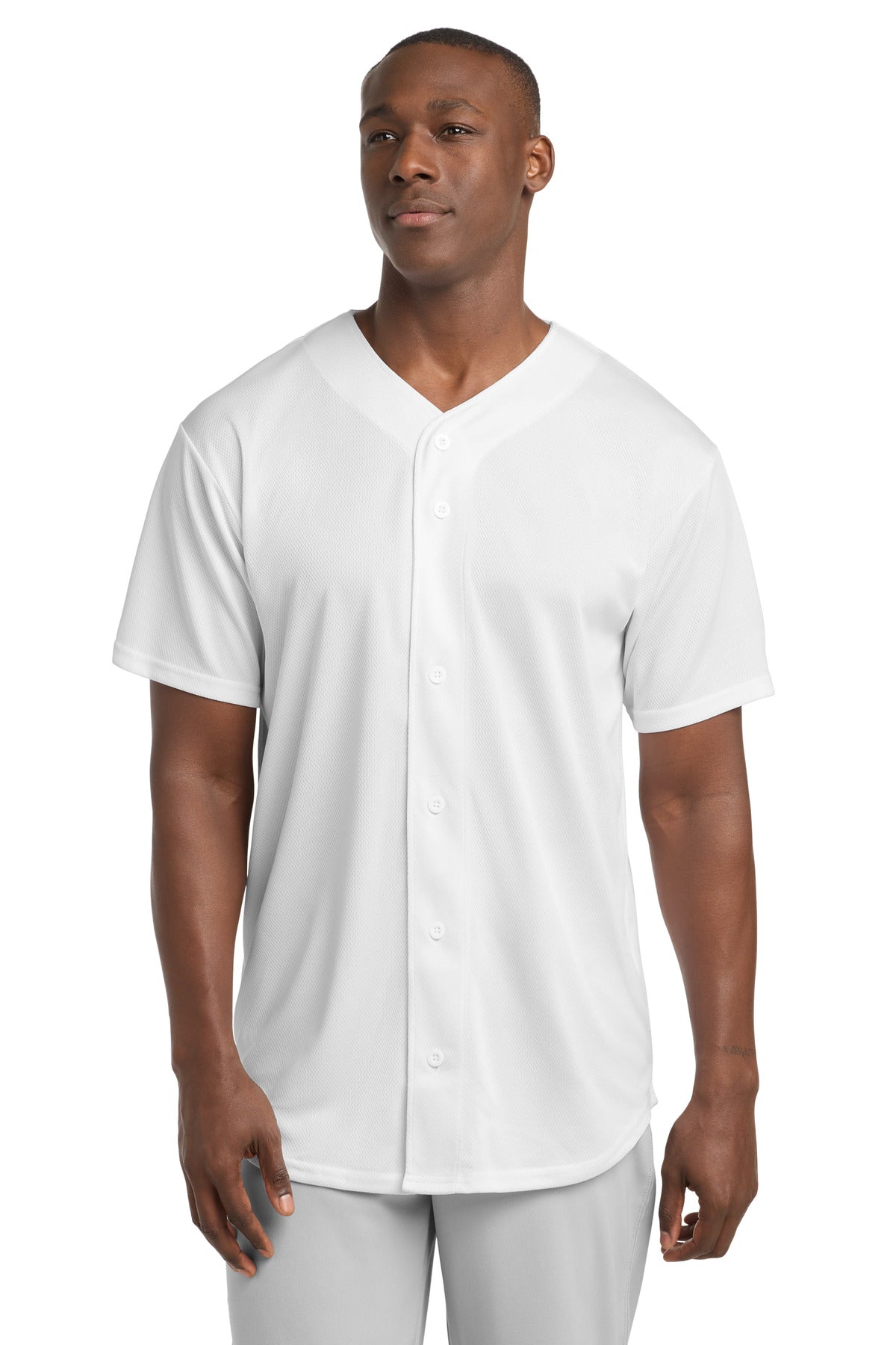 Front View of White Sport-Tek PosiCharge Tough Mesh Full-Button Jersey. ST220 plain