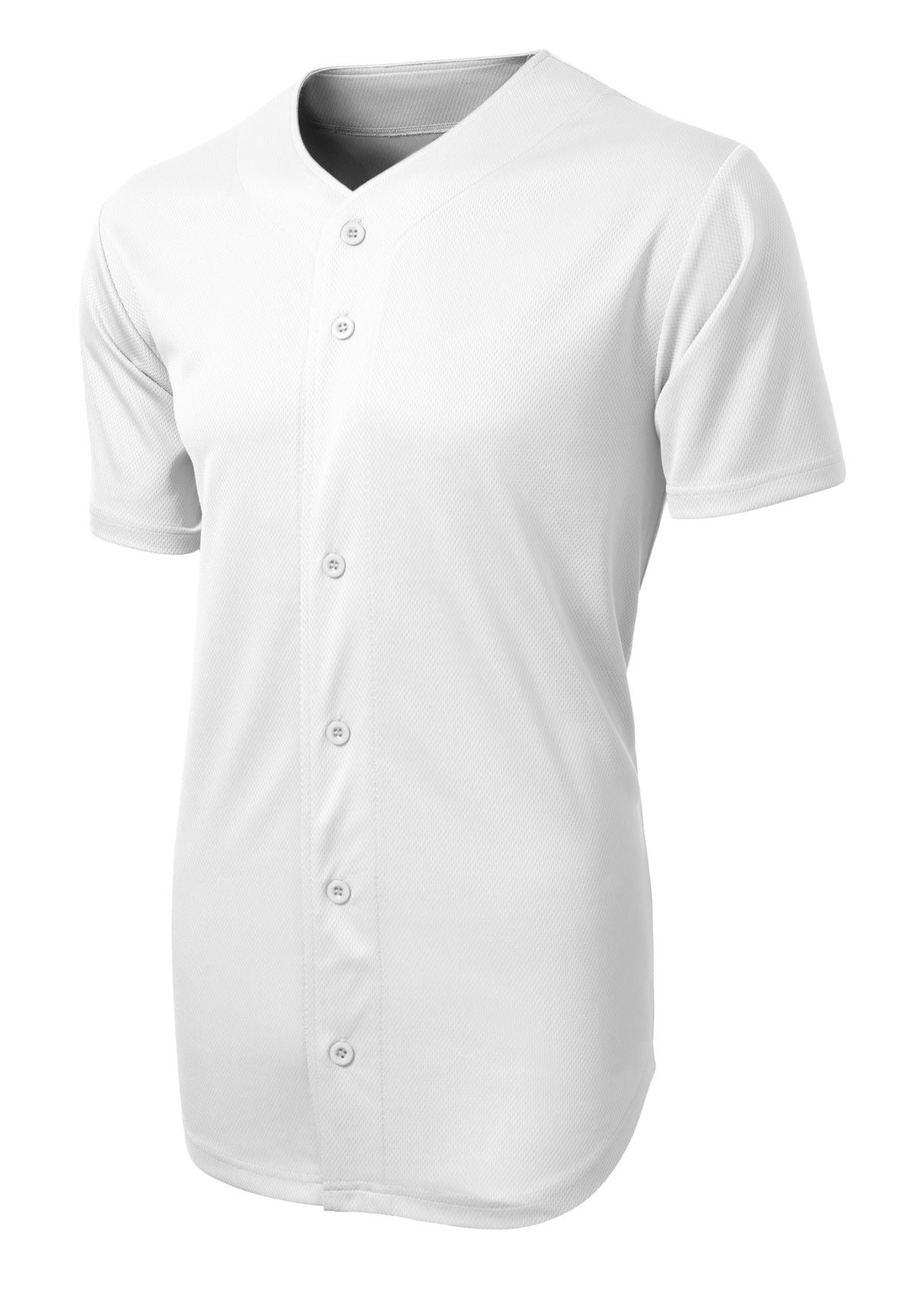 Front View of White Sport-Tek PosiCharge Tough Mesh Full-Button Jersey. ST220 plain