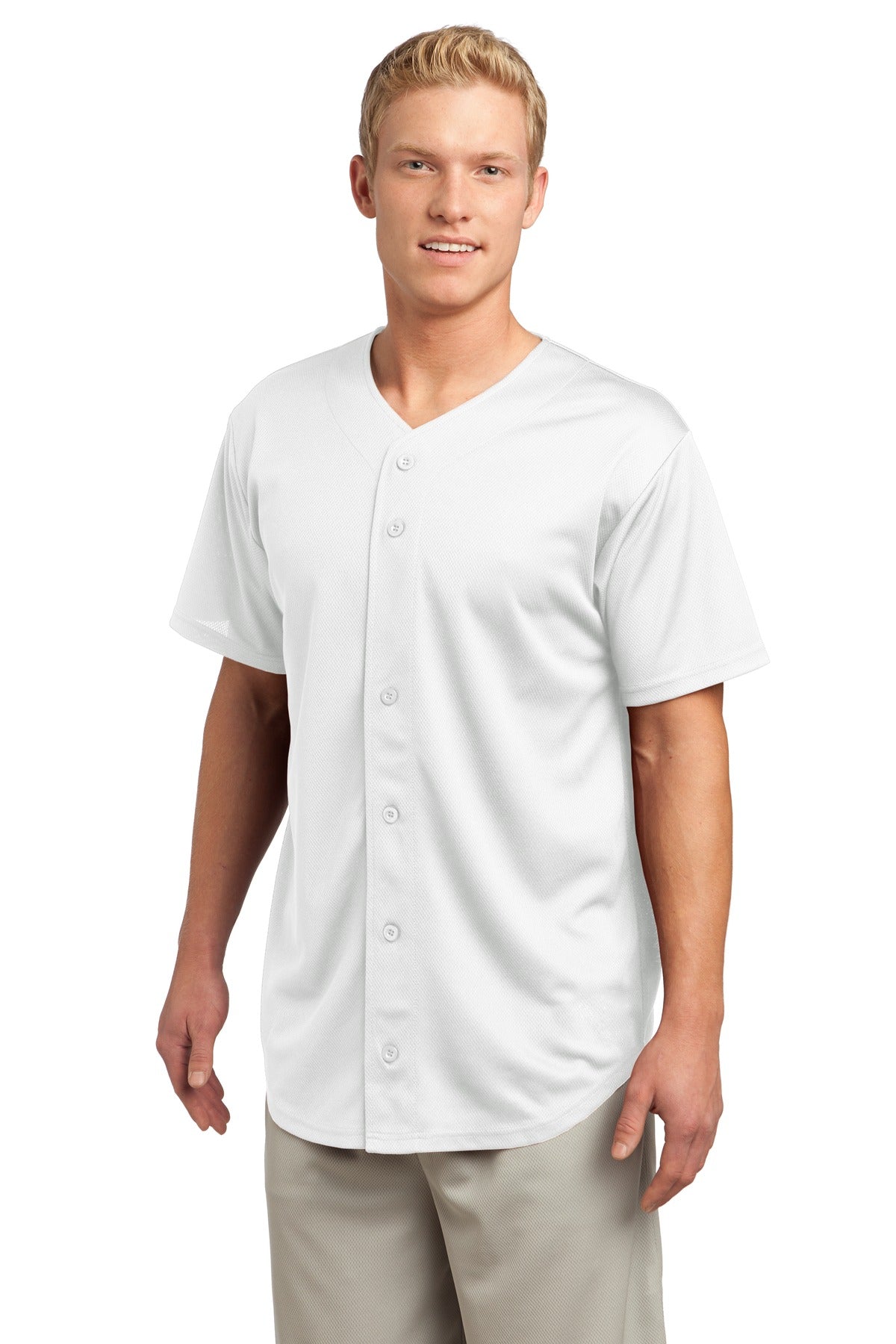 Front View of White Sport-Tek PosiCharge Tough Mesh Full-Button Jersey. ST220 plain