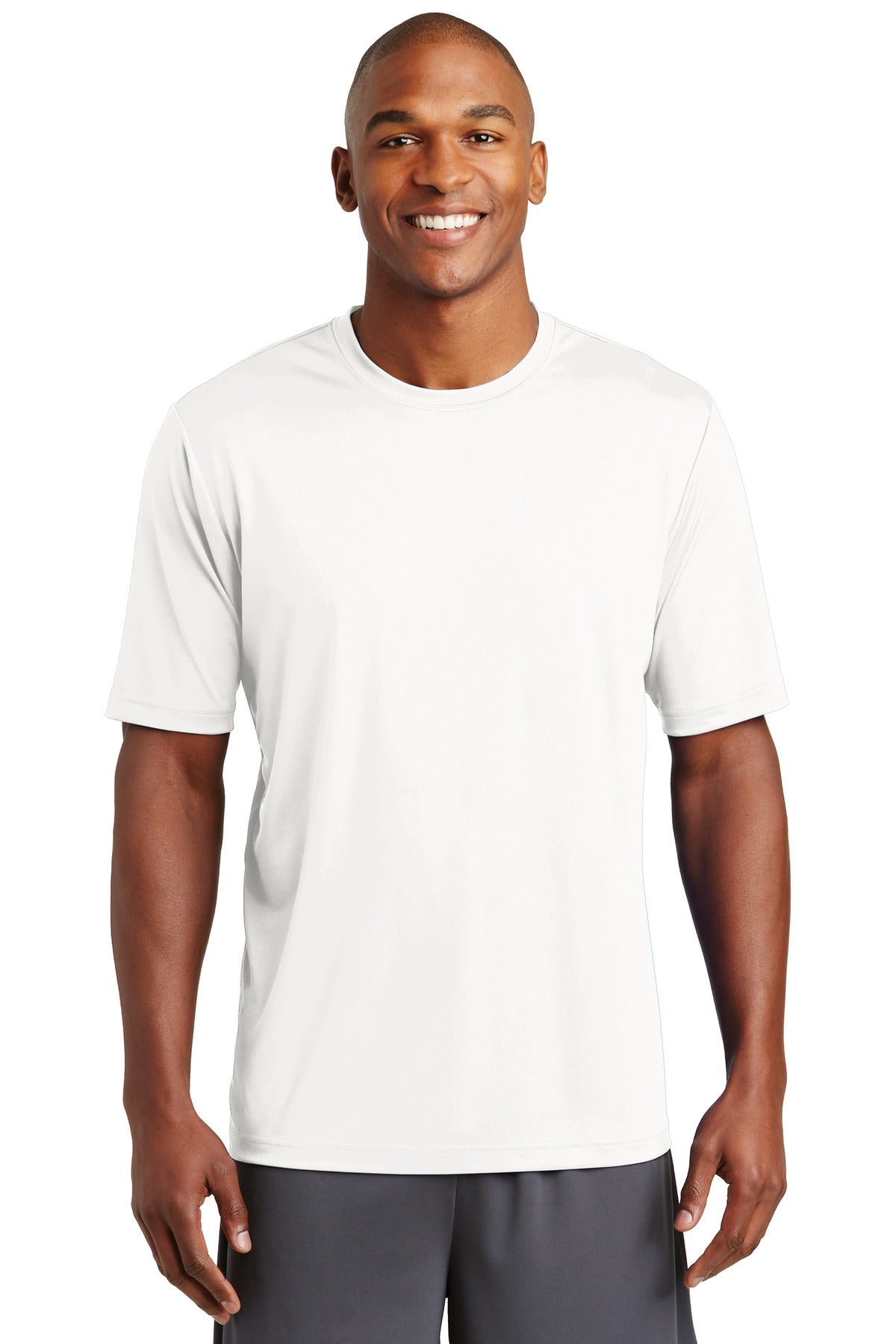 Front View of White Sport-Tek PosiCharge Tough Tee . ST320 plain