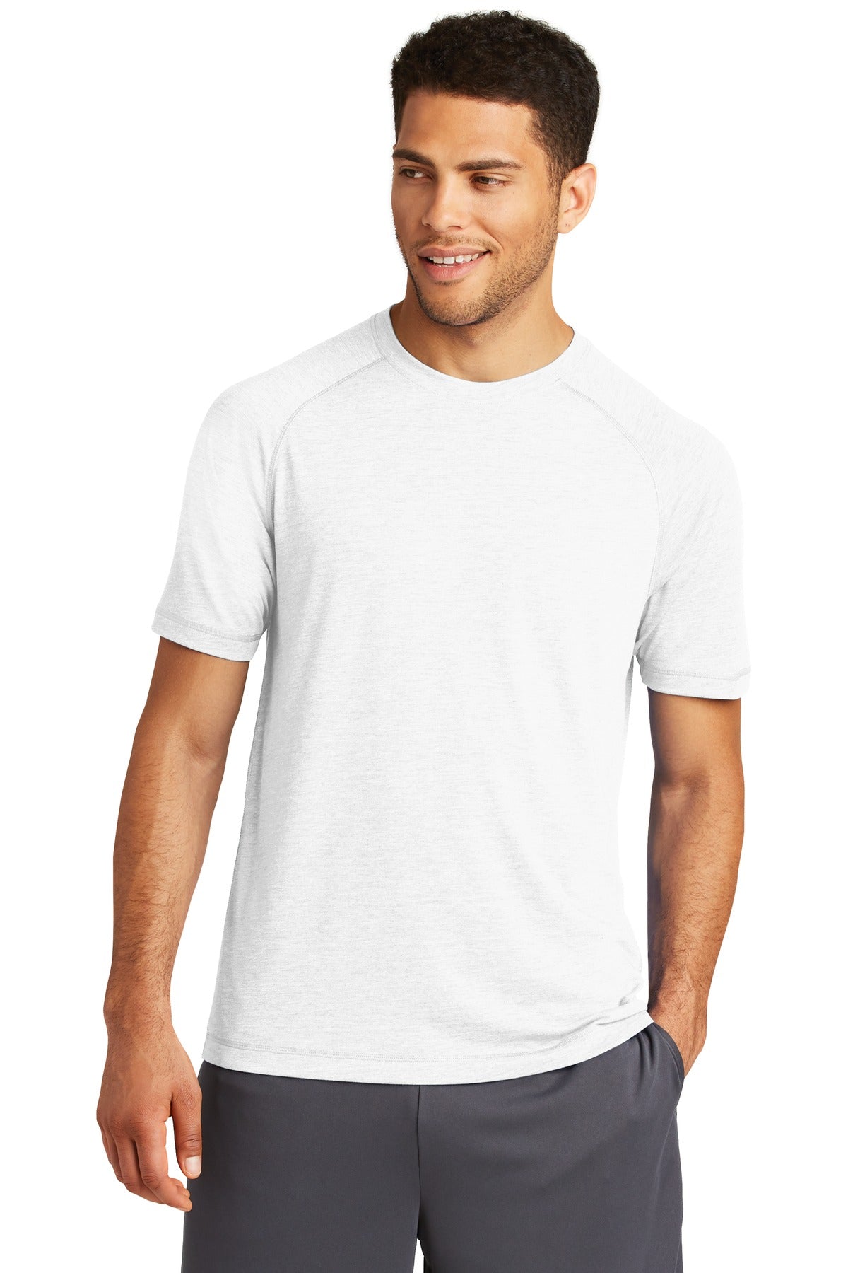 Front View of White Sport-Tek PosiCharge Tri-Blend Wicking Raglan Tee. ST400 plain