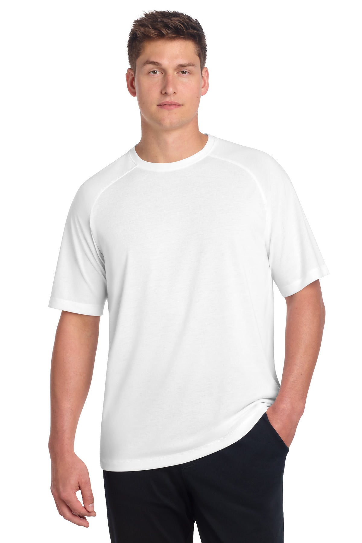Front View of White Sport-Tek PosiCharge Tri-Blend Wicking Raglan Tee. ST400 plain
