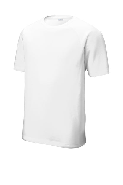 Front View of White Sport-Tek PosiCharge Tri-Blend Wicking Raglan Tee. ST400 plain
