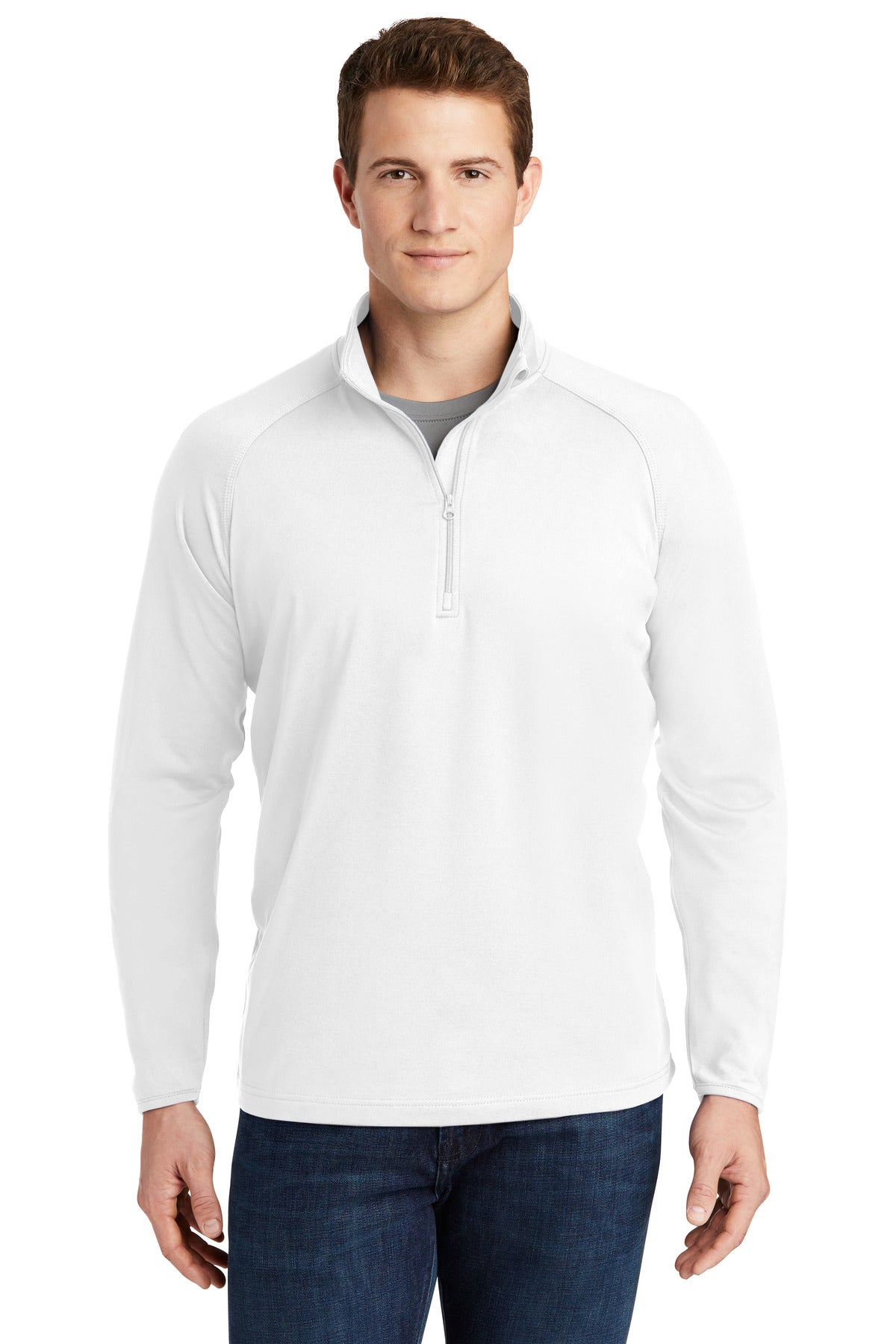 Front View of White Sport-Tek Sport-Wick Stretch 1/4-Zip Pullover. ST850 plain