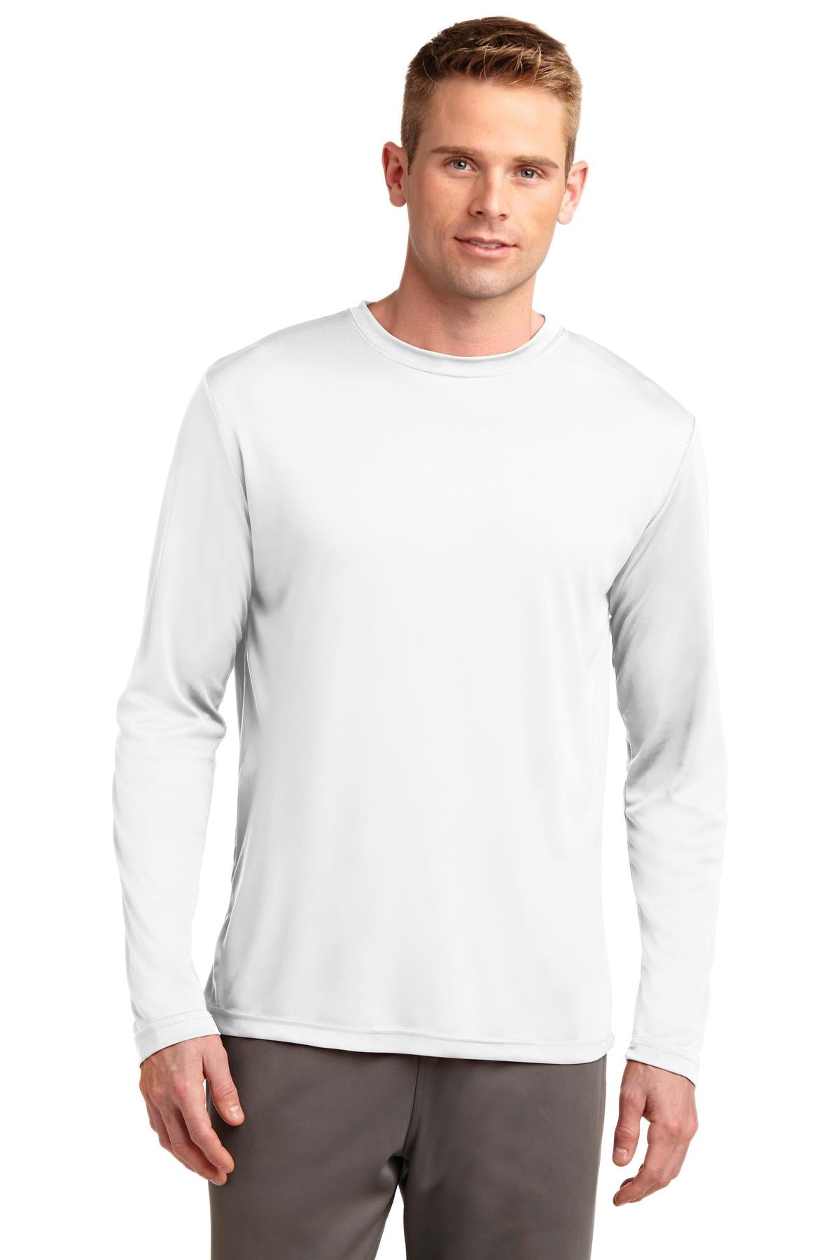 Front View of White Sport-Tek Tall Long Sleeve PosiCharge Competitor Tee. TST350LS plain