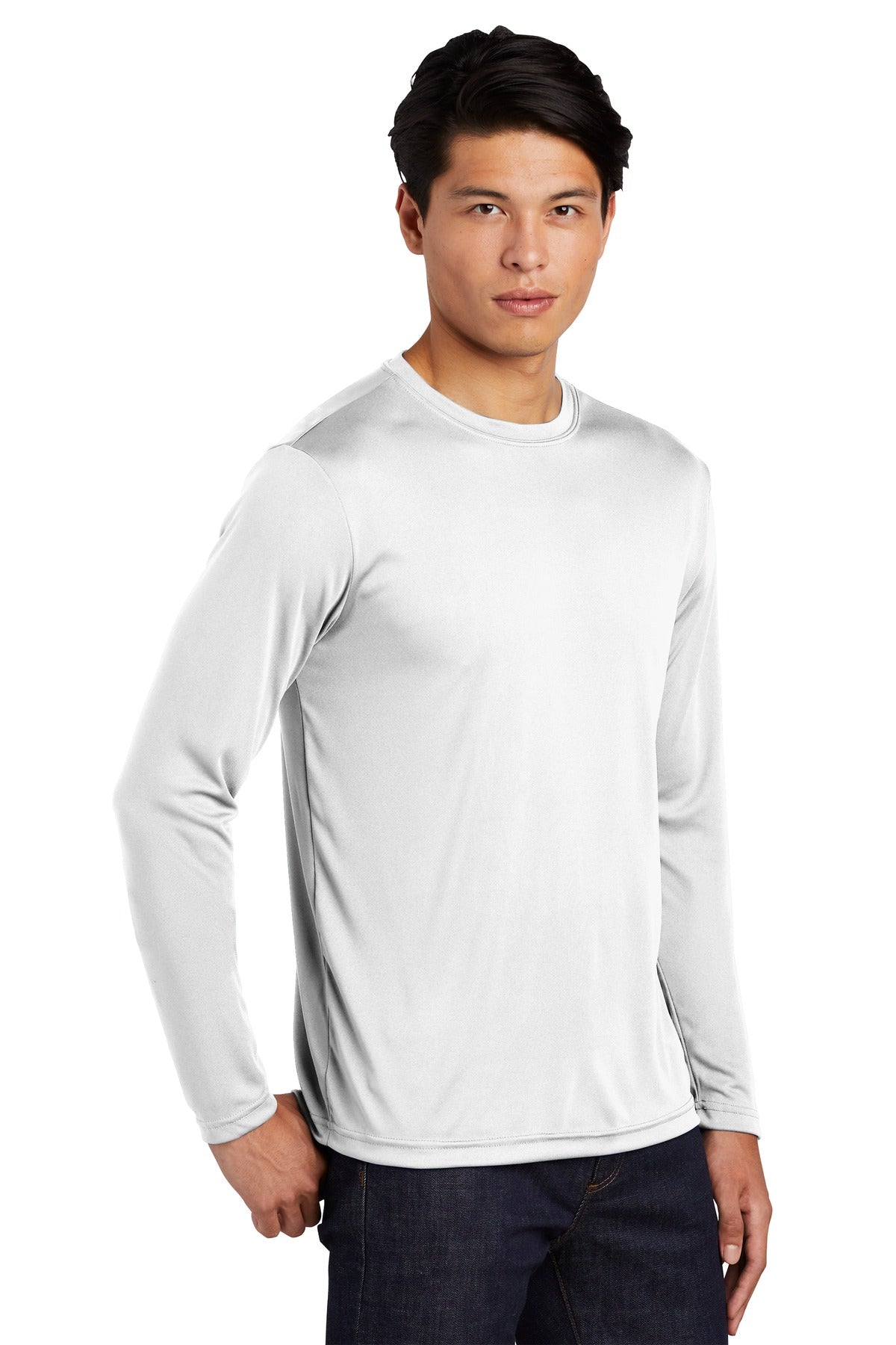 Front View of White Sport-Tek Tall Long Sleeve PosiCharge Competitor Tee. TST350LS plain