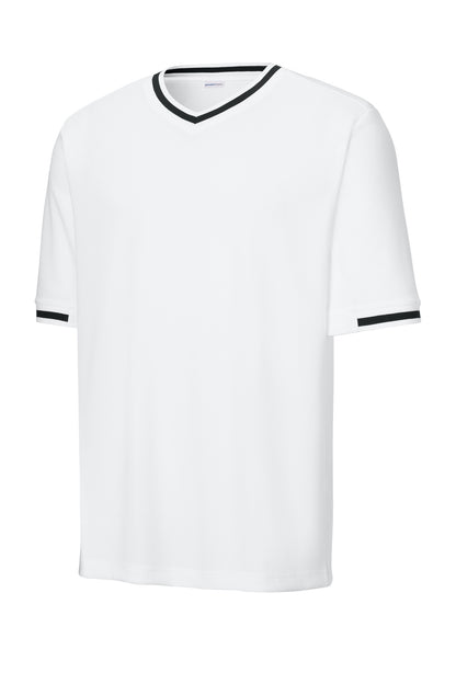 Front View of White Sport-Tek Tough Mesh V-Neck Baseball Jersey ST221 plain