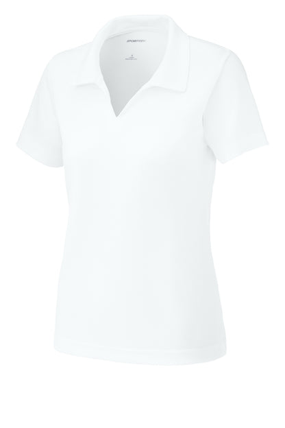 Front View of White Sport-Tek Women's Dri-Mesh V-Neck Polo. L469 plain