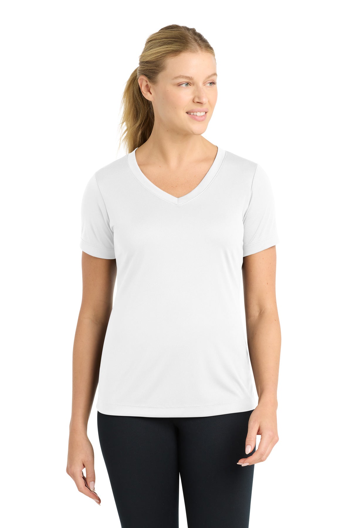 Front View of White Sport-Tek Women's PosiCharge Competitor V-Neck Tee. LST353 plain